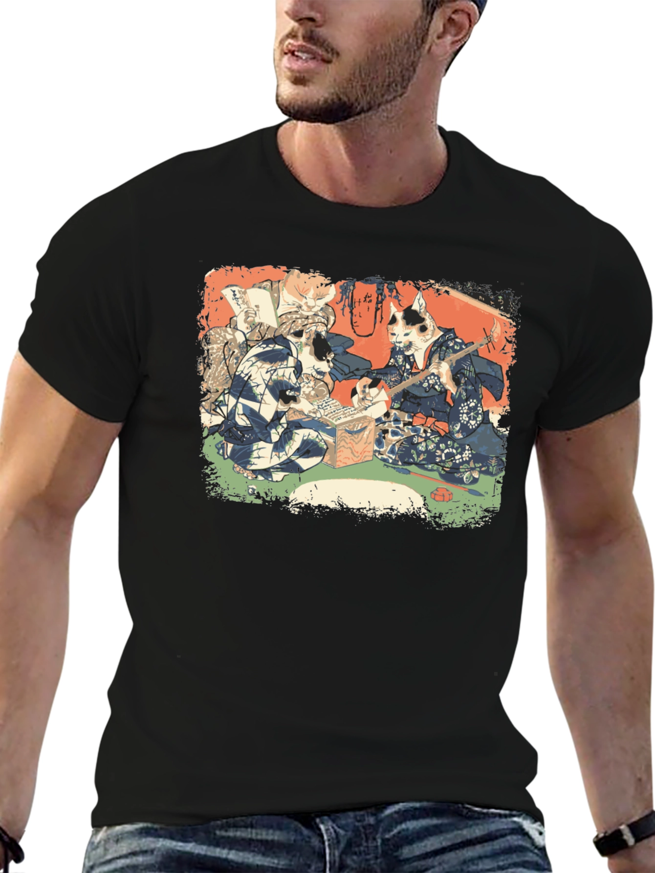Camiseta Negra con Estampado Artístico de Gatos Japoneses