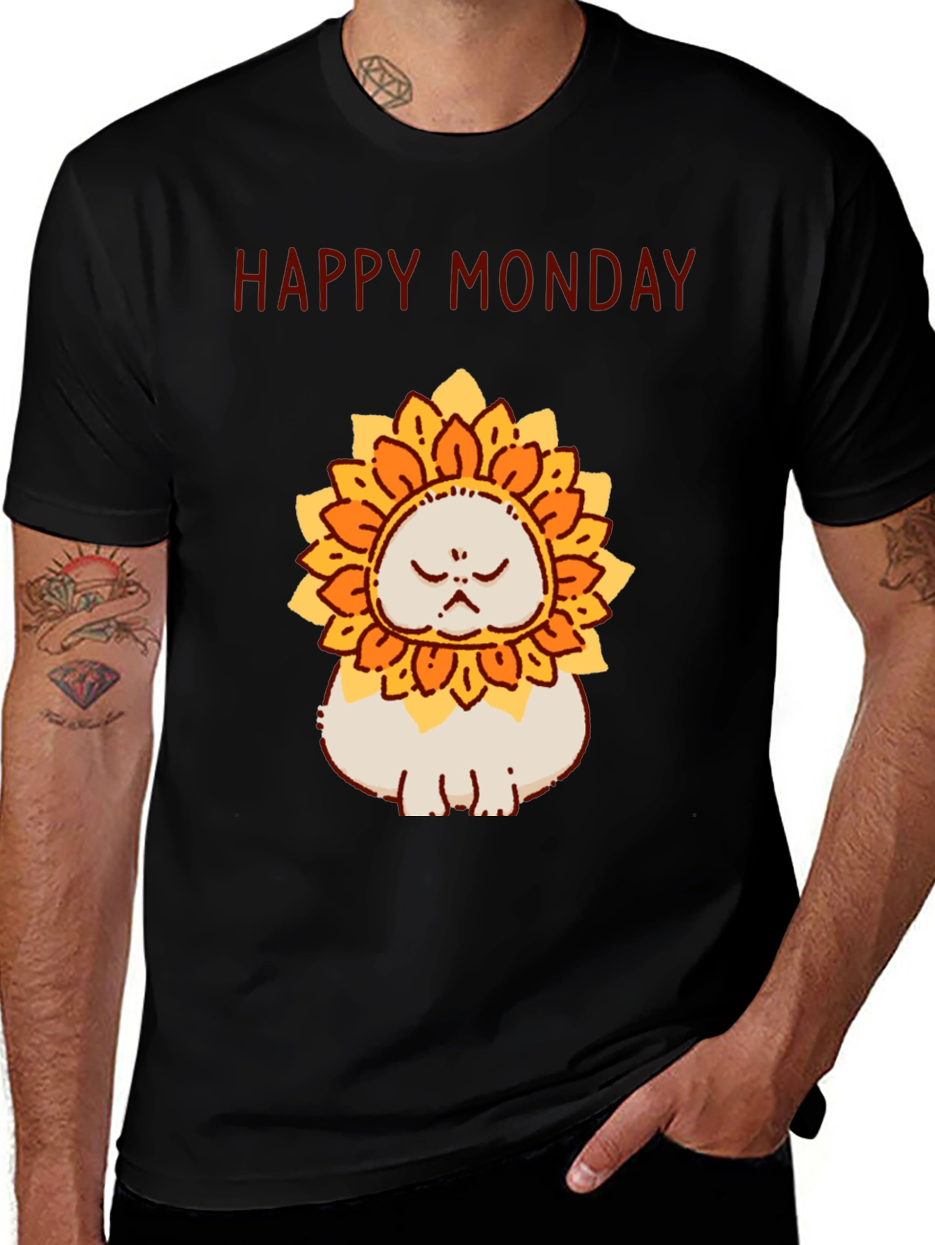 Camiseta Hombre Happy Monday Gato-Girasol Divertida