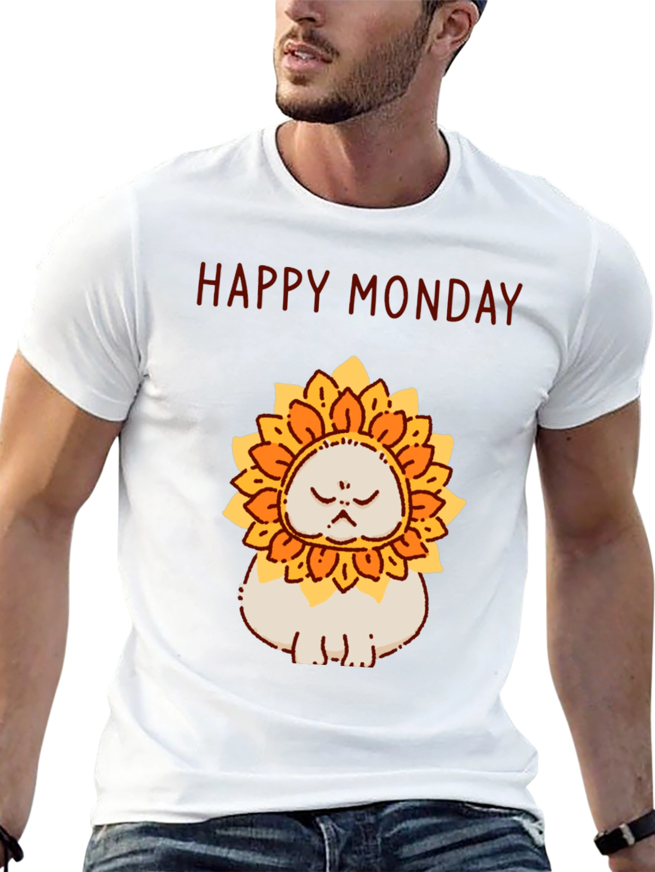 Camiseta Hombre Happy Monday Gato-Girasol Divertida