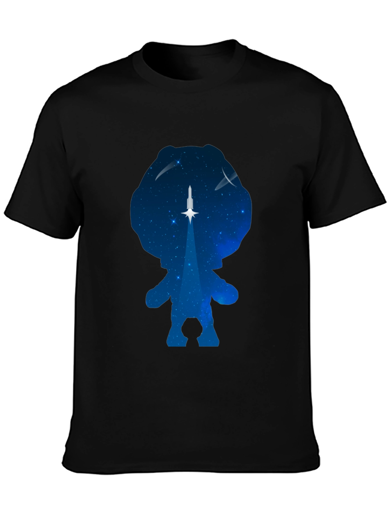 Camiseta Negra con Diseño Astronauta y Cohete Espacial