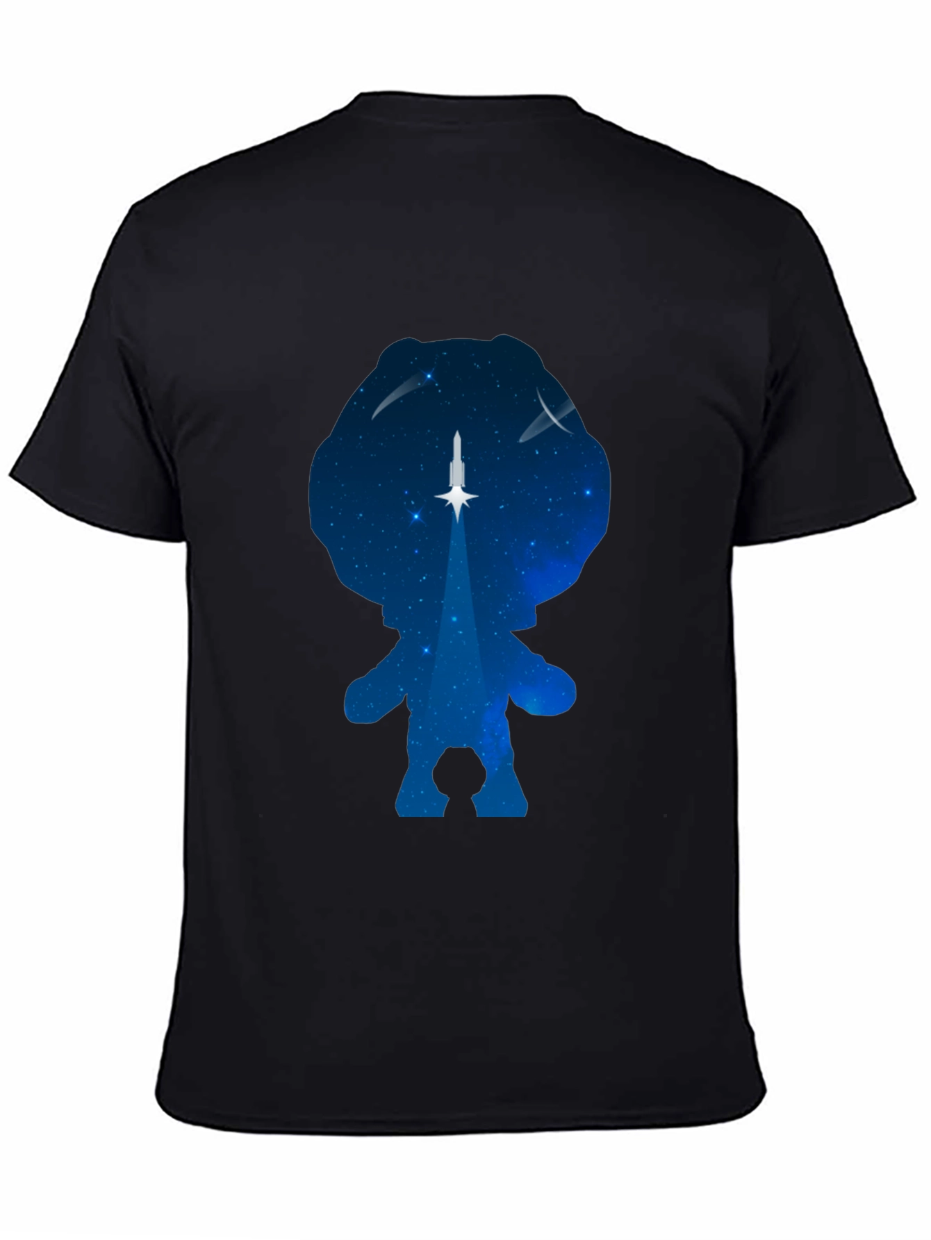 Camiseta Negra con Diseño Astronauta y Cohete Espacial