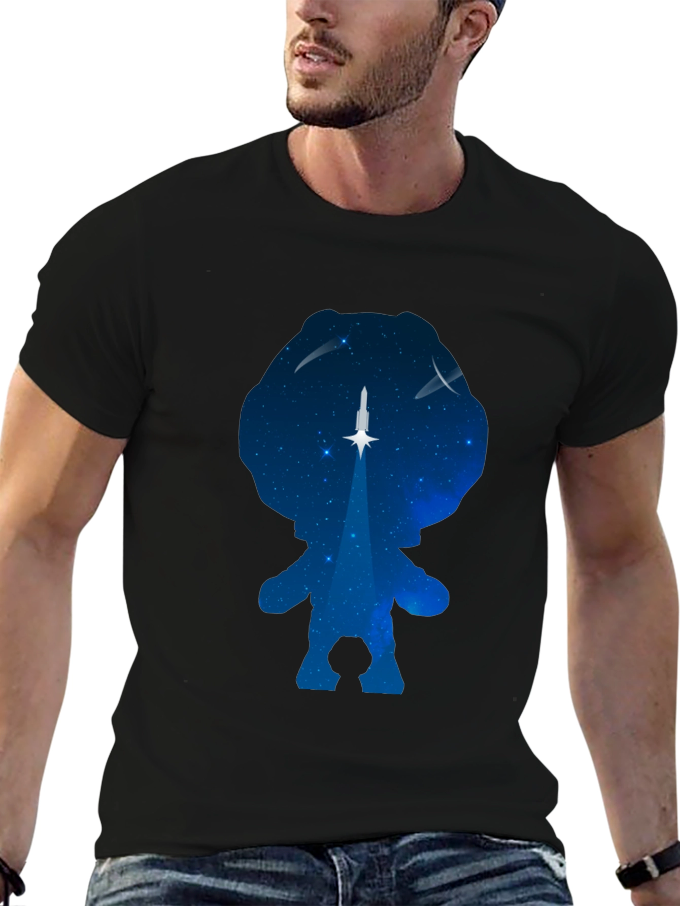 Camiseta Negra con Diseño Astronauta y Cohete Espacial
