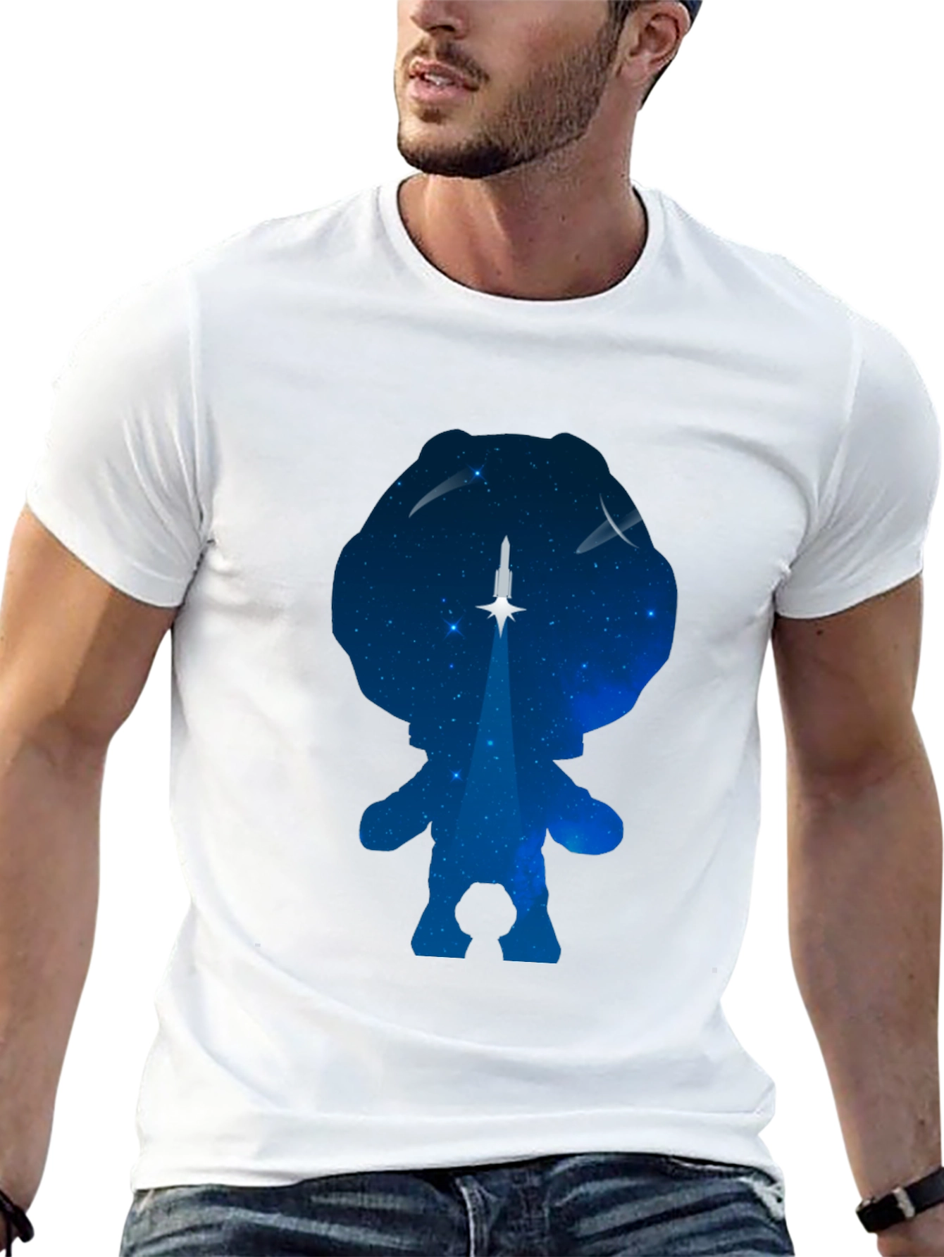 Camiseta Negra con Diseño Astronauta y Cohete Espacial