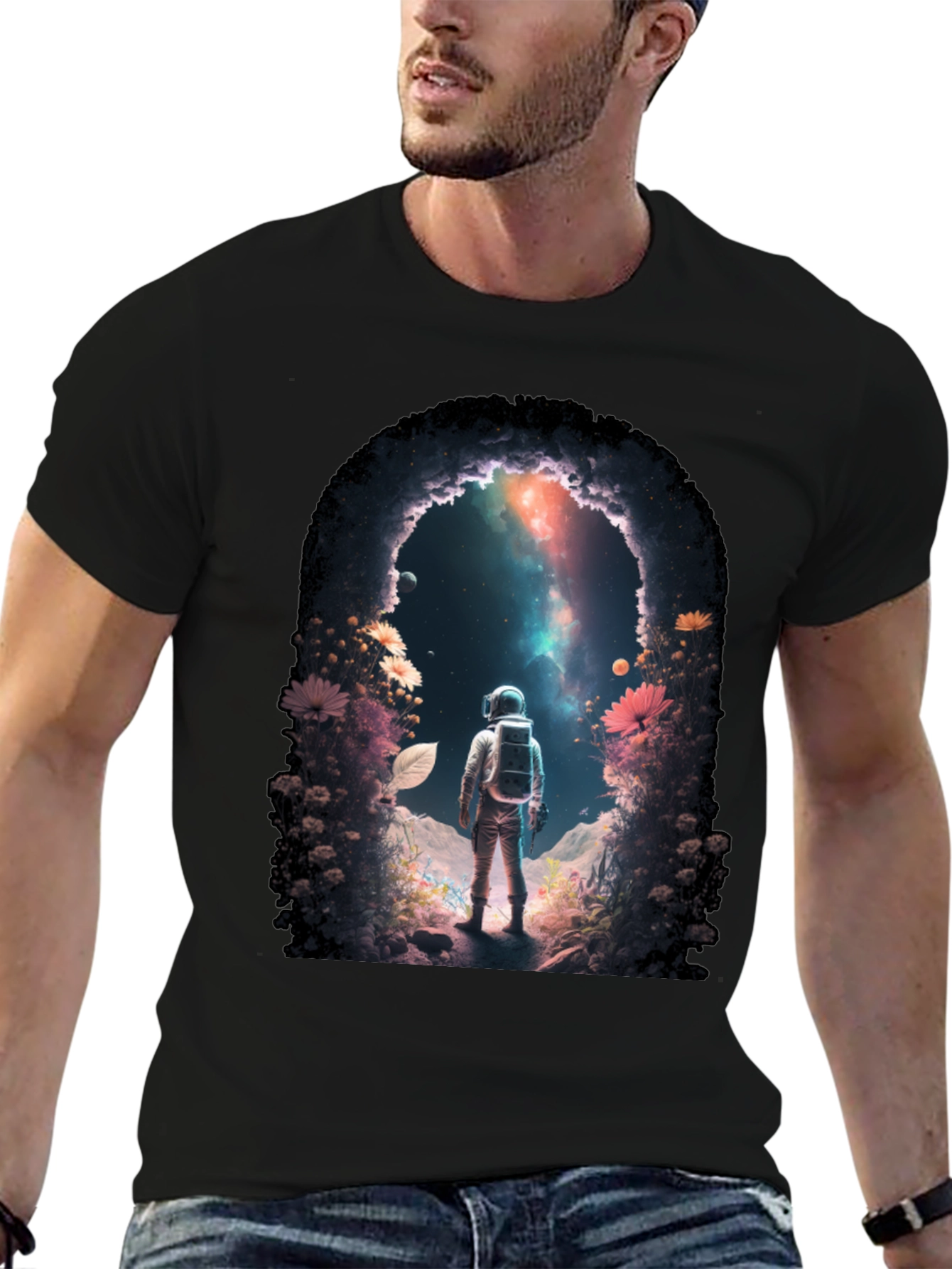 Camiseta Negra con Diseño de Astronauta en el Espacio