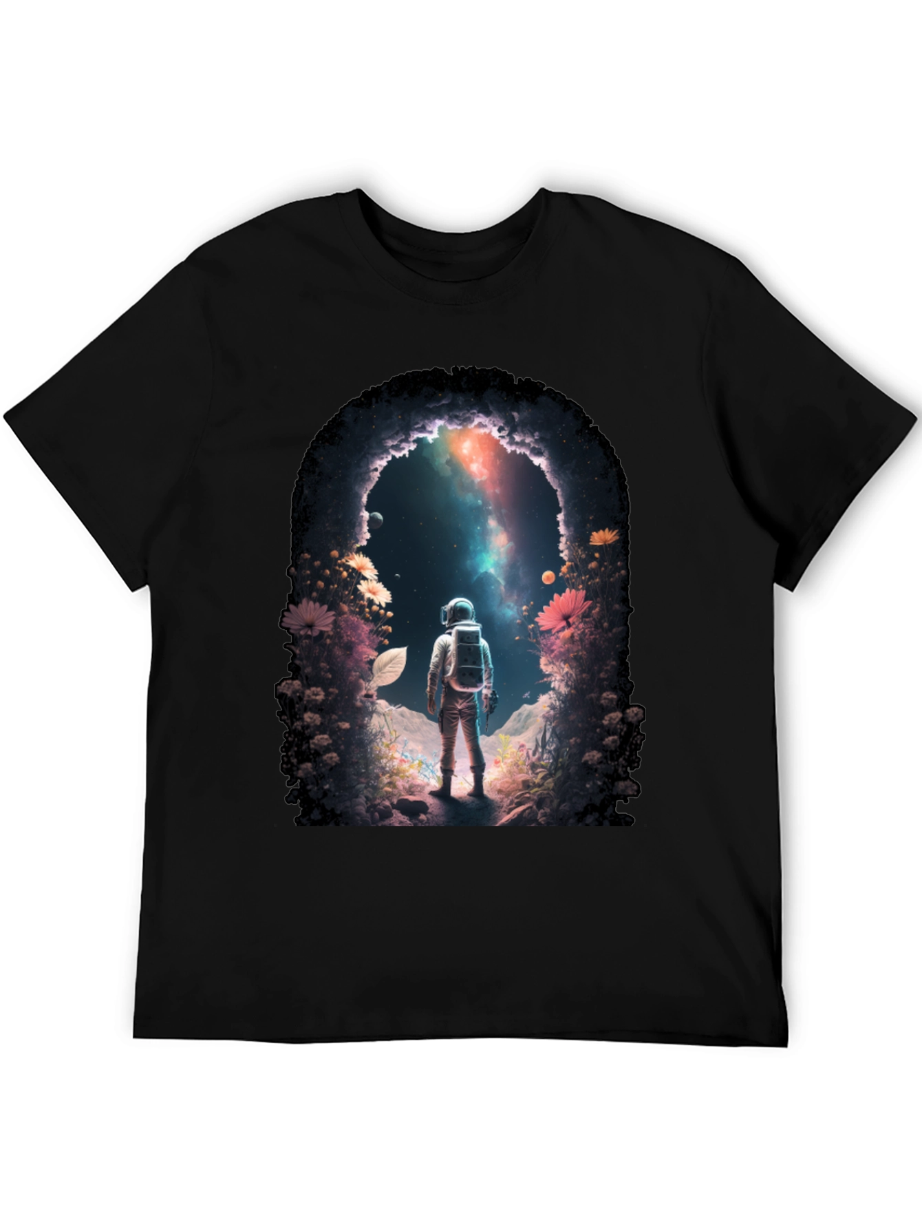 Camiseta Negra con Diseño de Astronauta en el Espacio