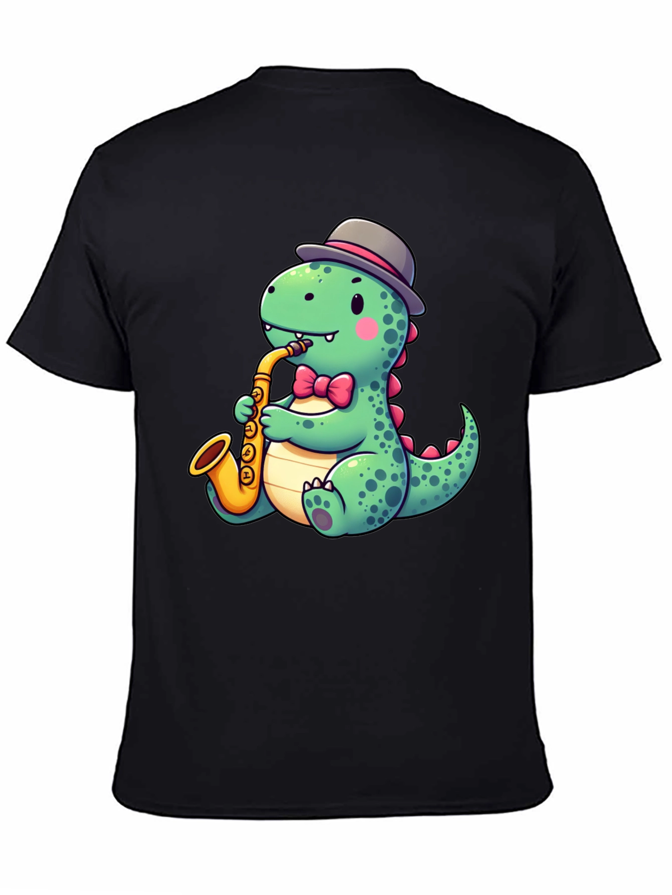 Camiseta Negra con Diseño de Dinosaurio Músico