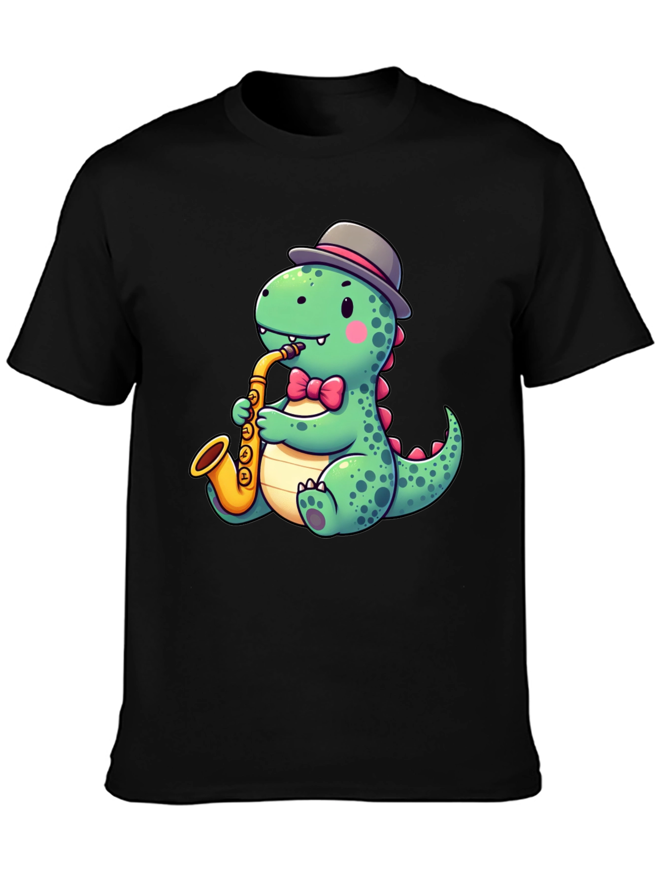 Camiseta Negra con Diseño de Dinosaurio Músico