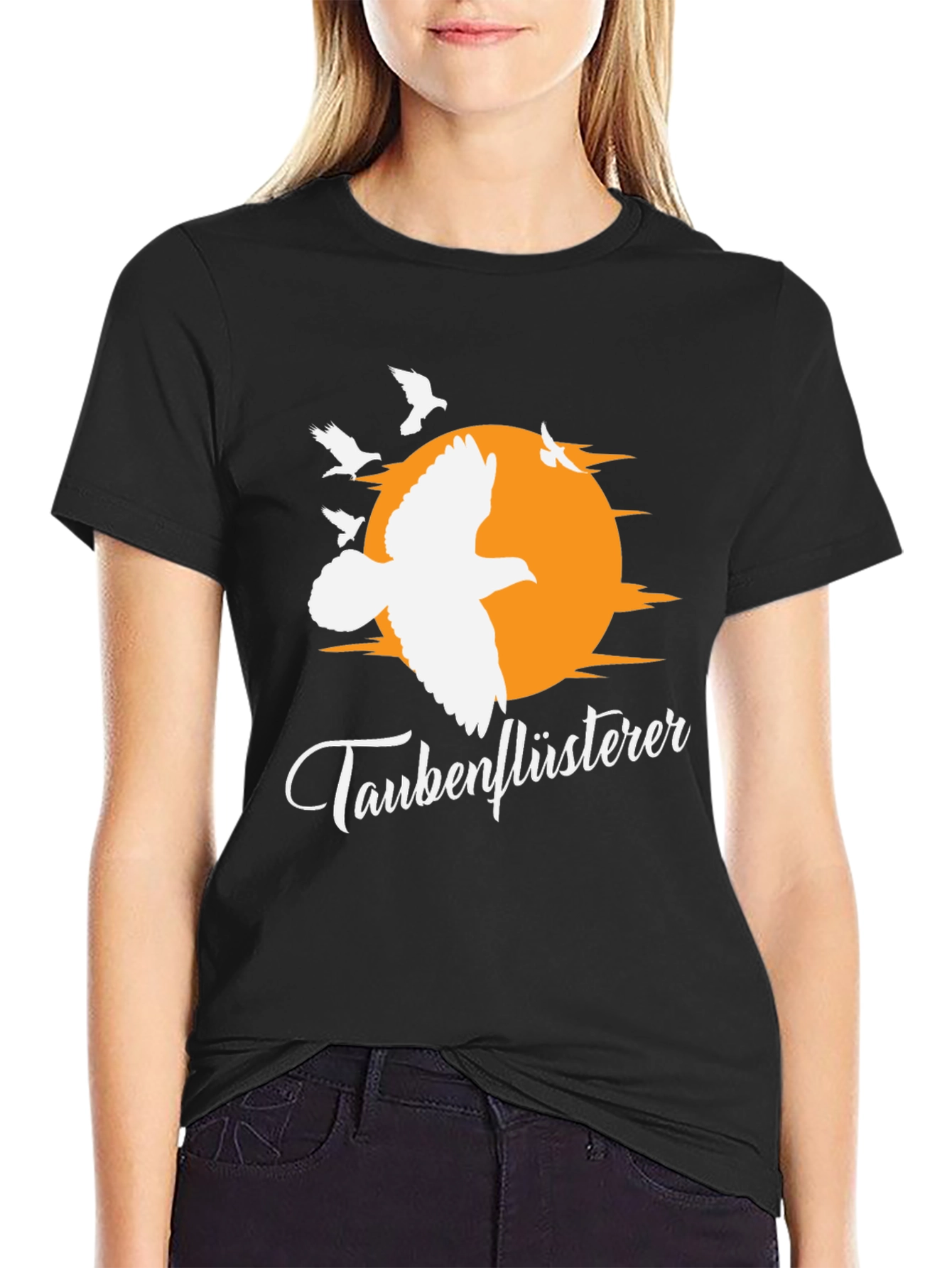 Camiseta Negra Taubenflüsterer con Diseño de Aves