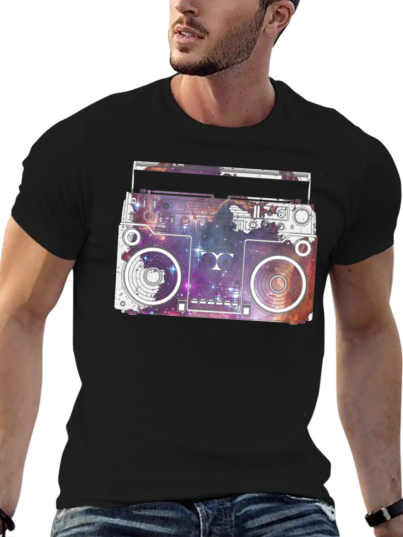 Camiseta Negra con Diseño Retro Espacial
