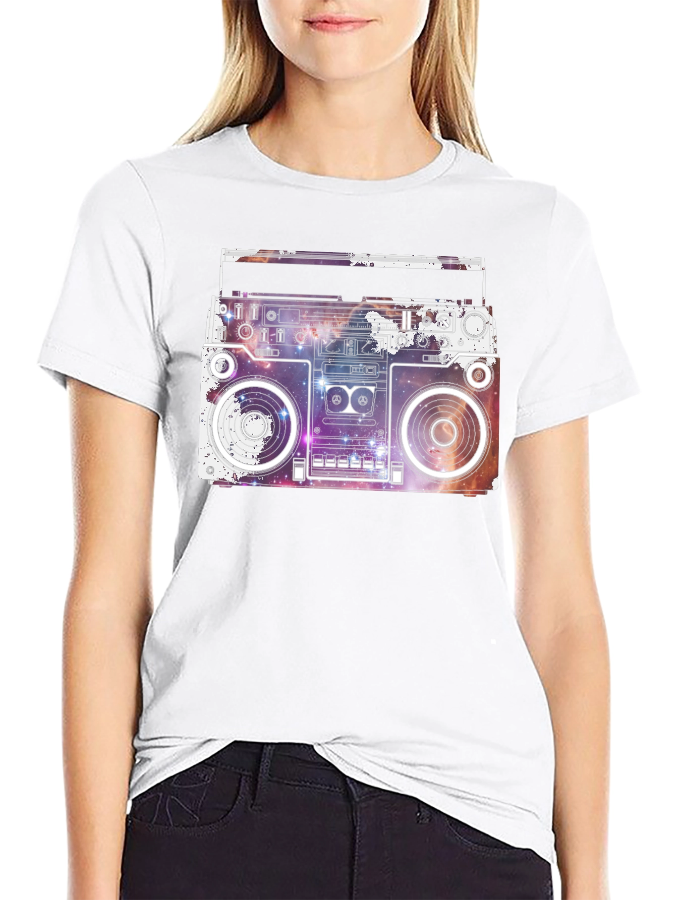 Camiseta Negra con Diseño Retro Espacial
