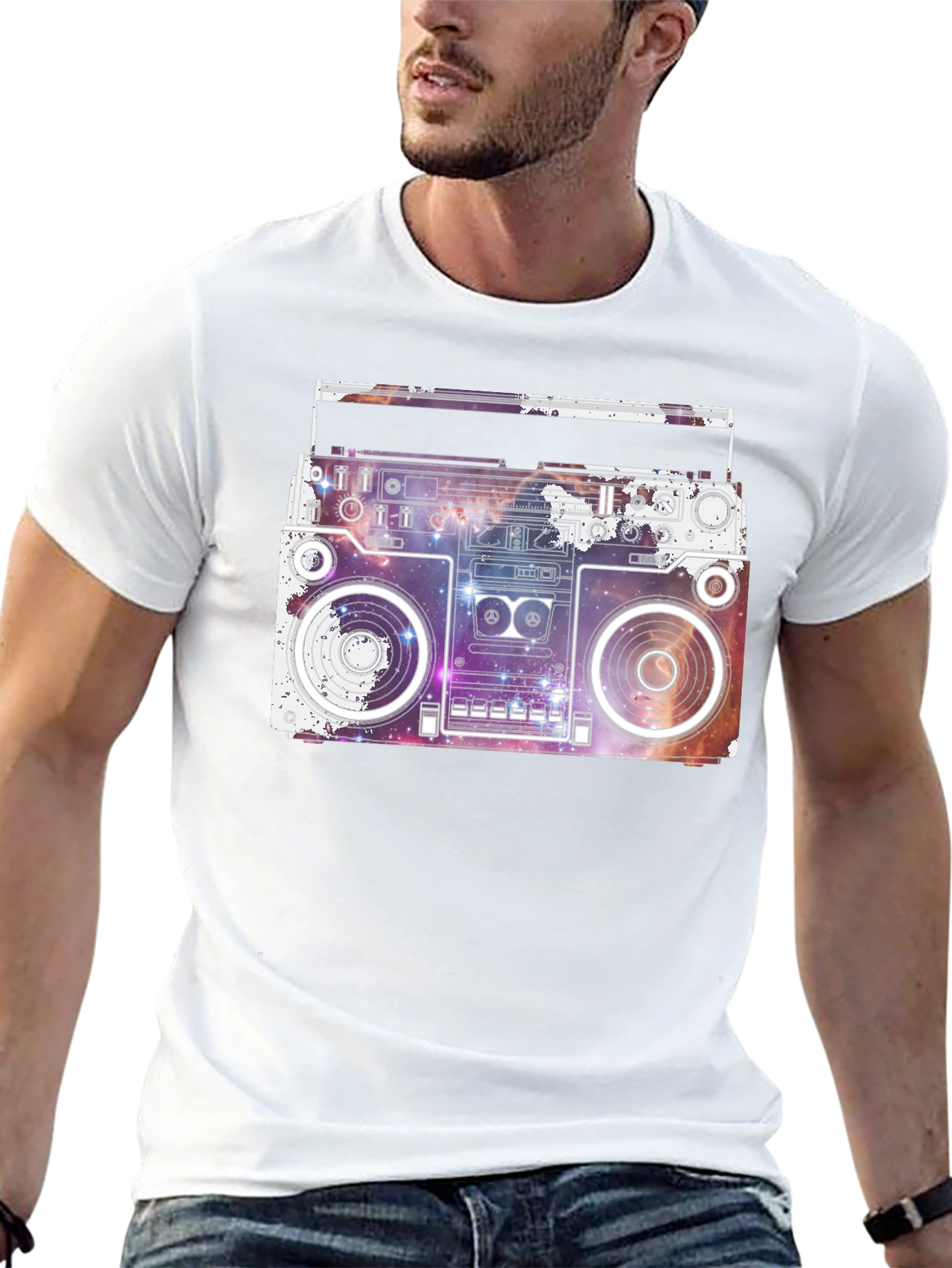 Camiseta Negra con Diseño Retro Espacial