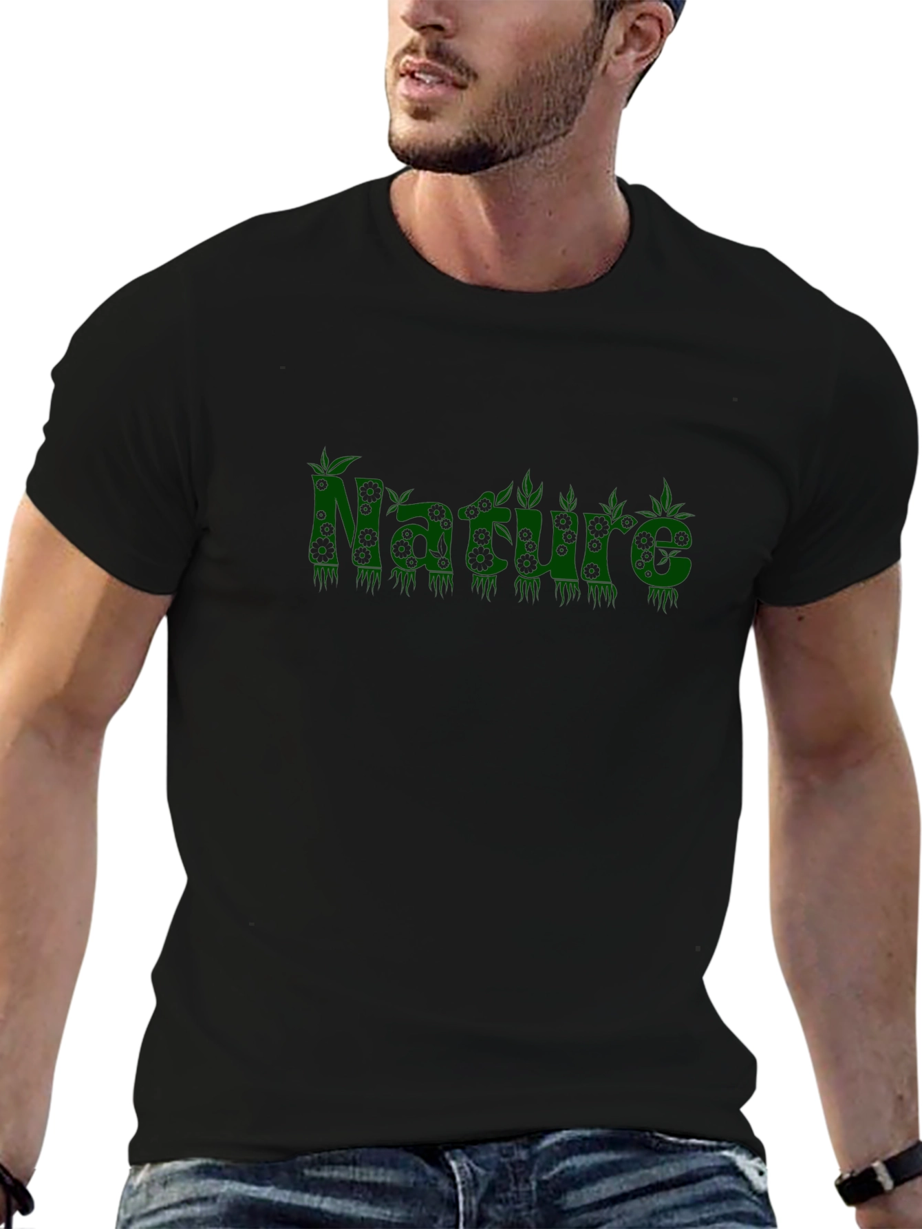 Camiseta Negra Naturaleza con Diseño Botánico Verde
