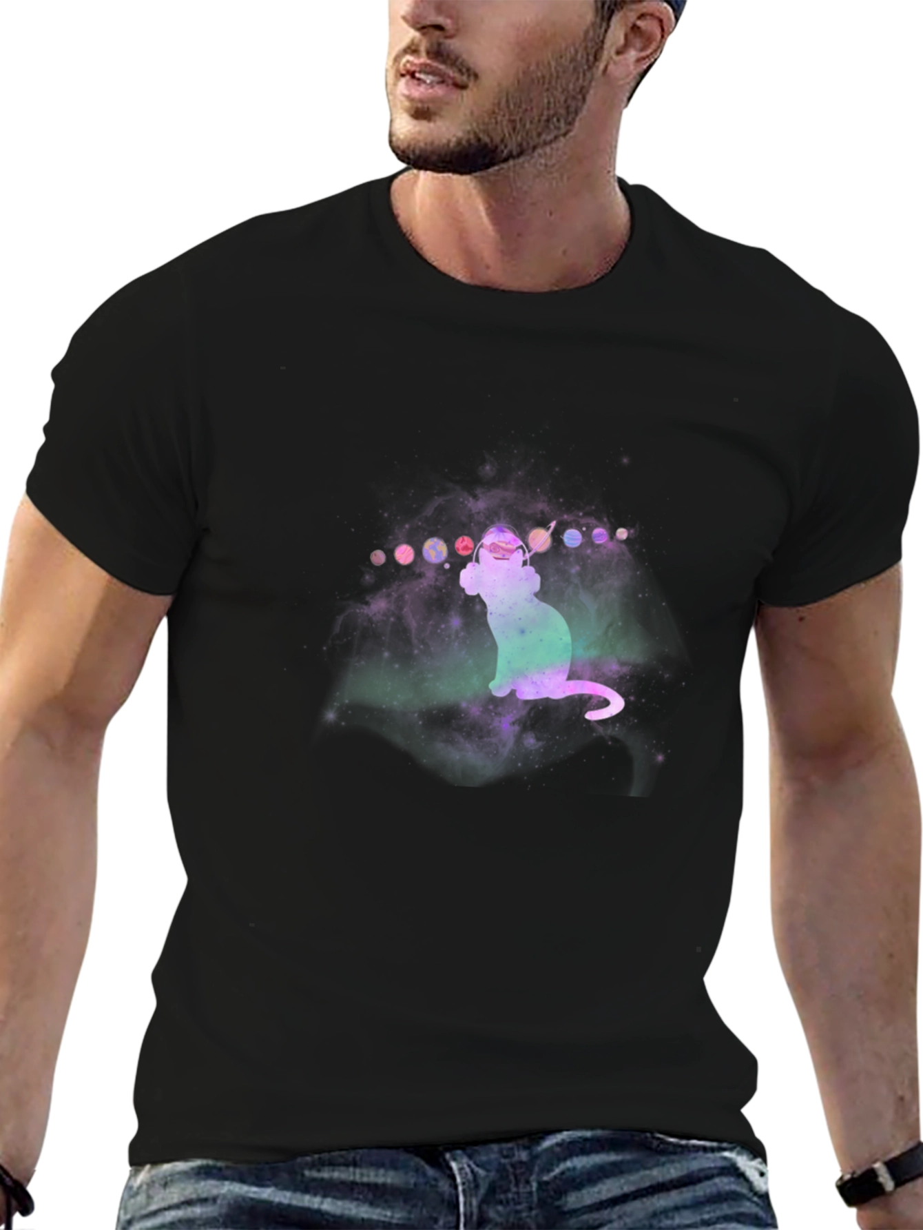 Camiseta Negra con Diseño de Gato Cósmico