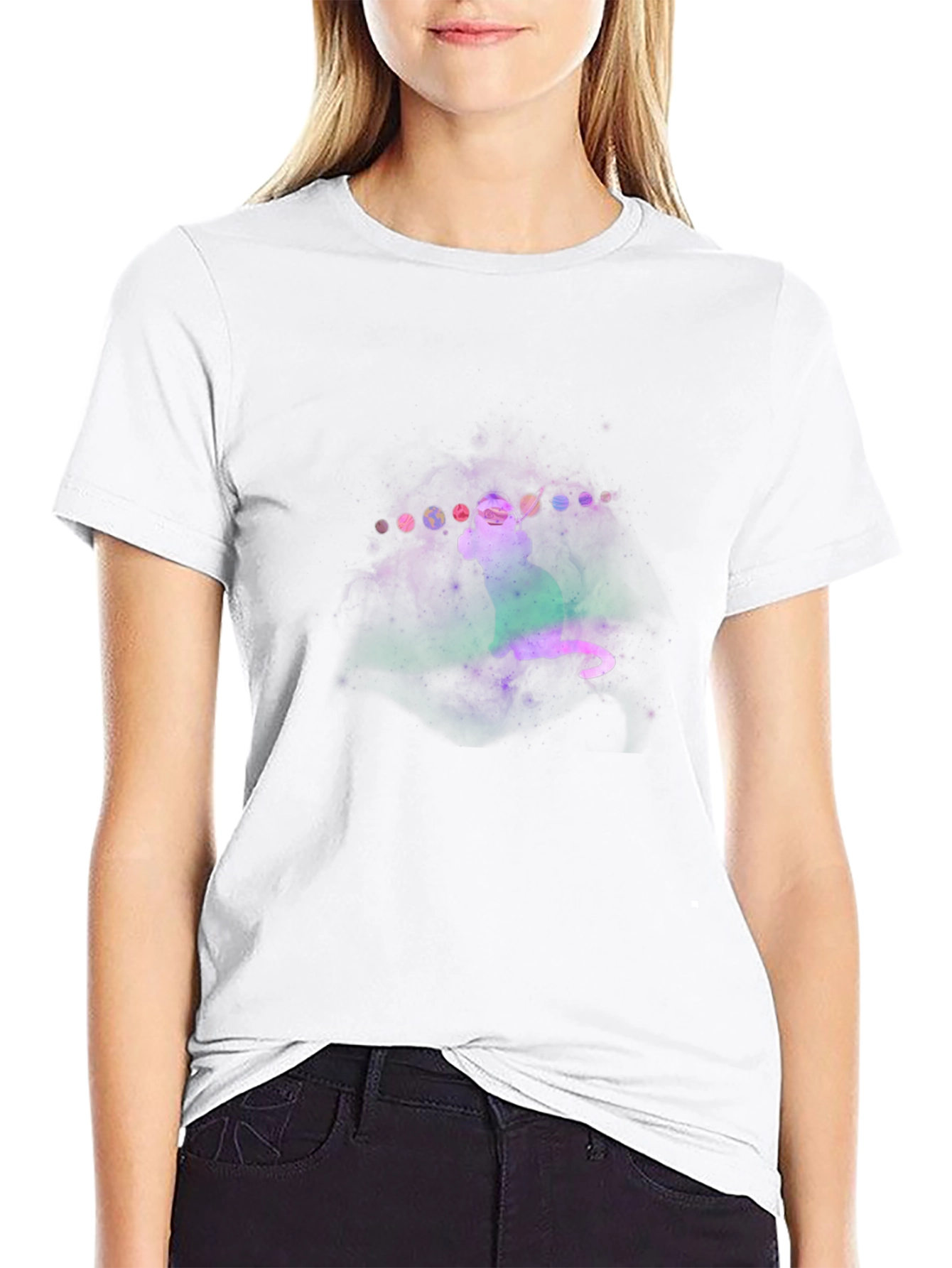 Camiseta Negra con Diseño de Gato Cósmico