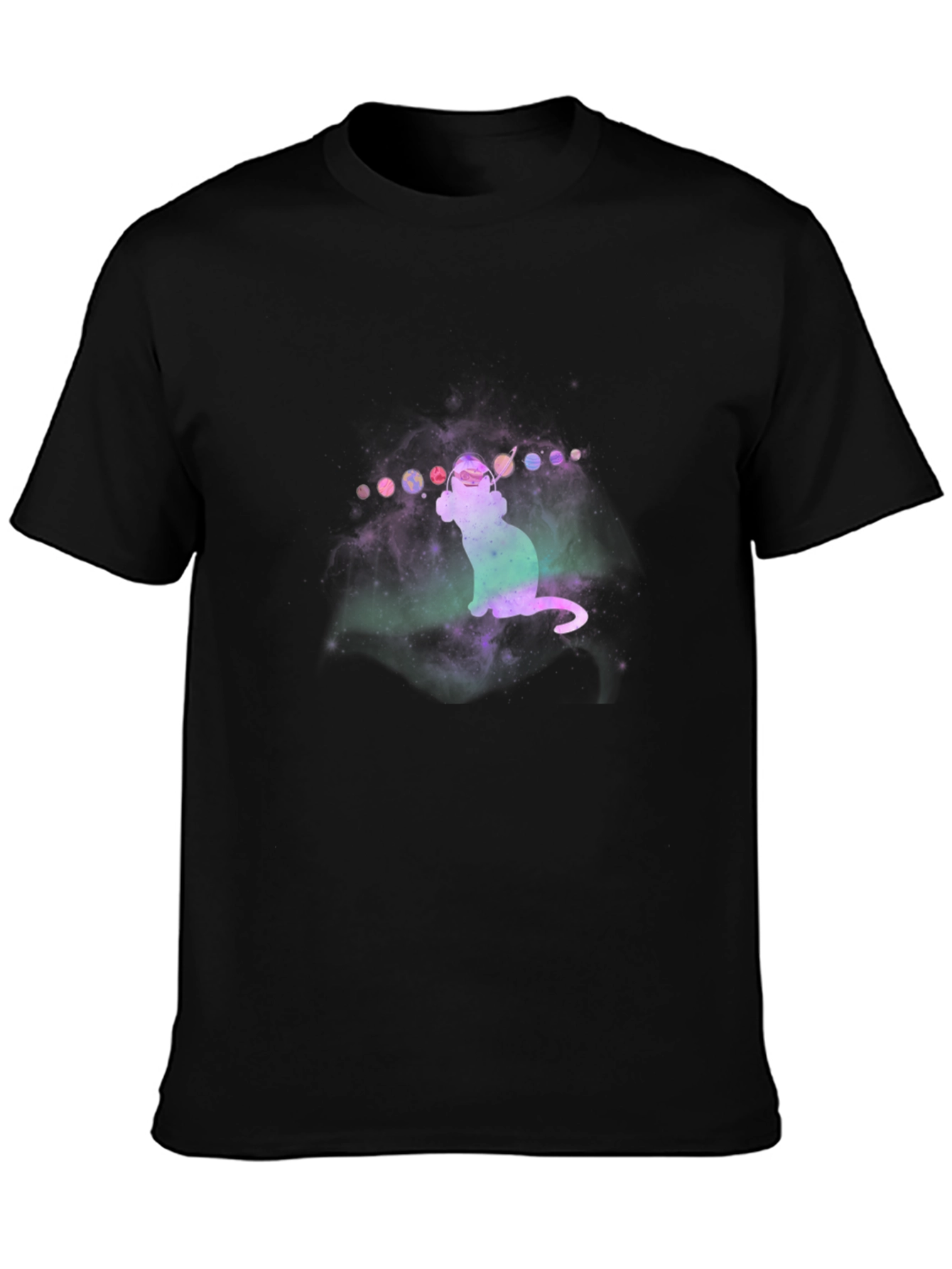 Camiseta Negra con Diseño de Gato Cósmico