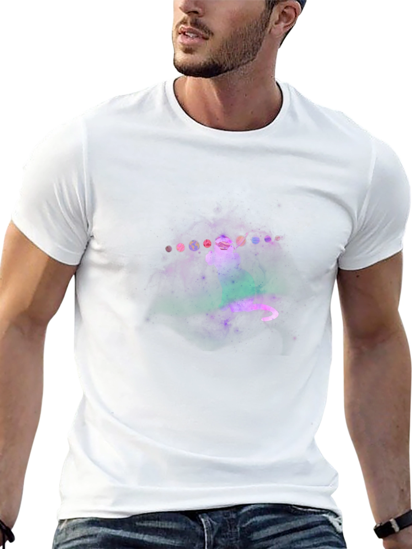 Camiseta Negra con Diseño de Gato Cósmico