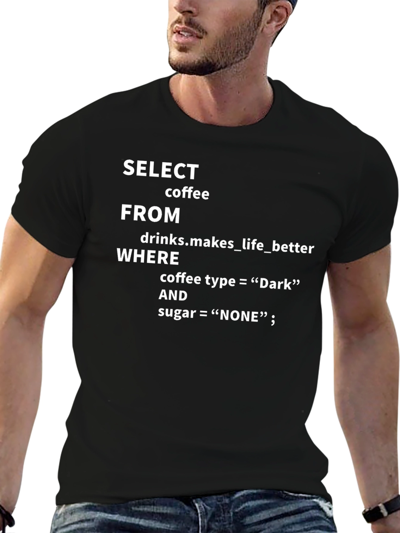 Camiseta Negra: SELECT coffee FROM drinks...