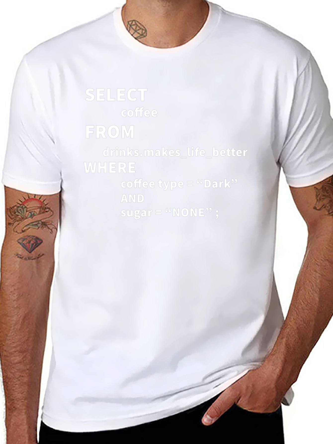Camiseta Negra: SELECT coffee FROM drinks...