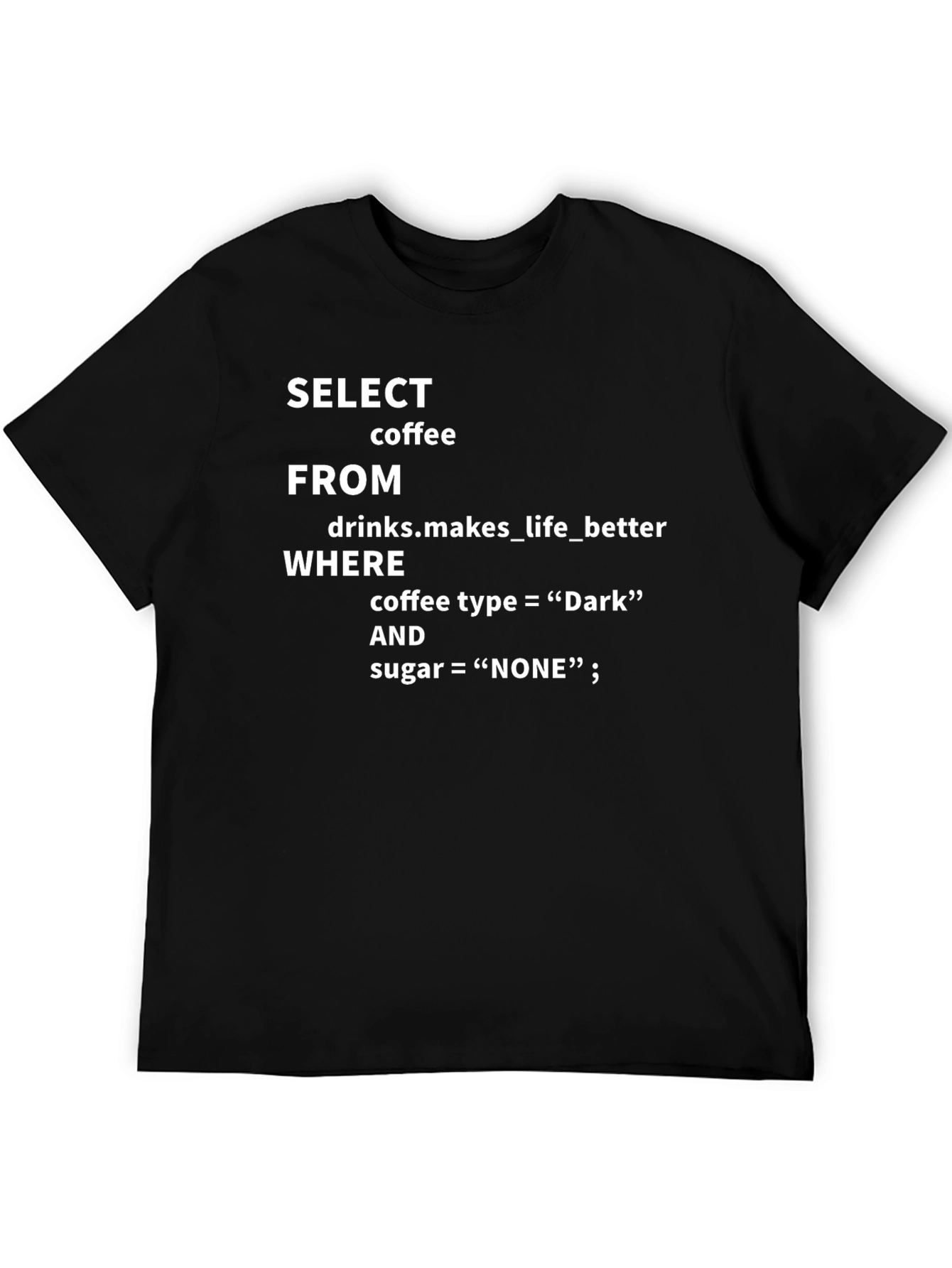 Camiseta Negra: SELECT coffee FROM drinks...