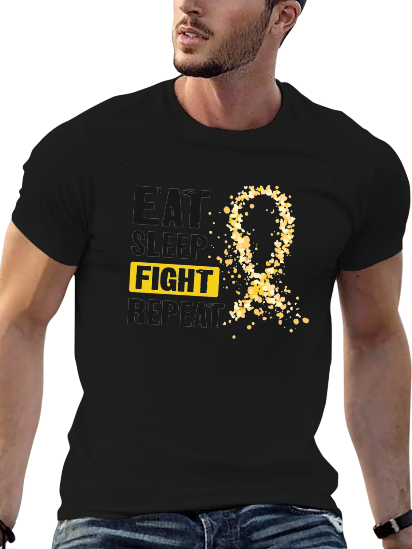 Camiseta Negra Lucha Pelea Repite Con Cinta Dorada