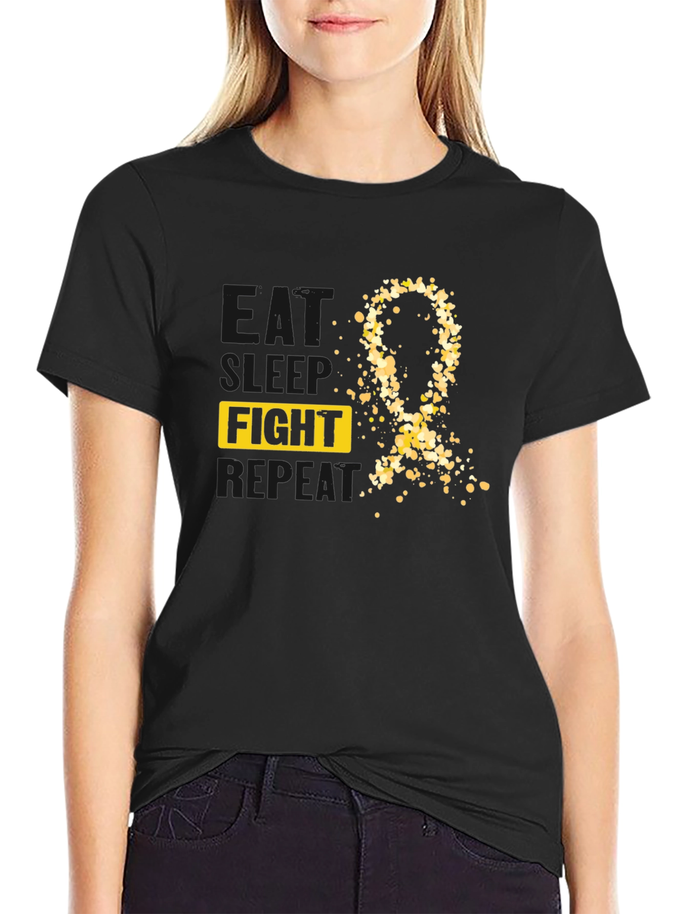 Camiseta Negra Lucha Pelea Repite Con Cinta Dorada