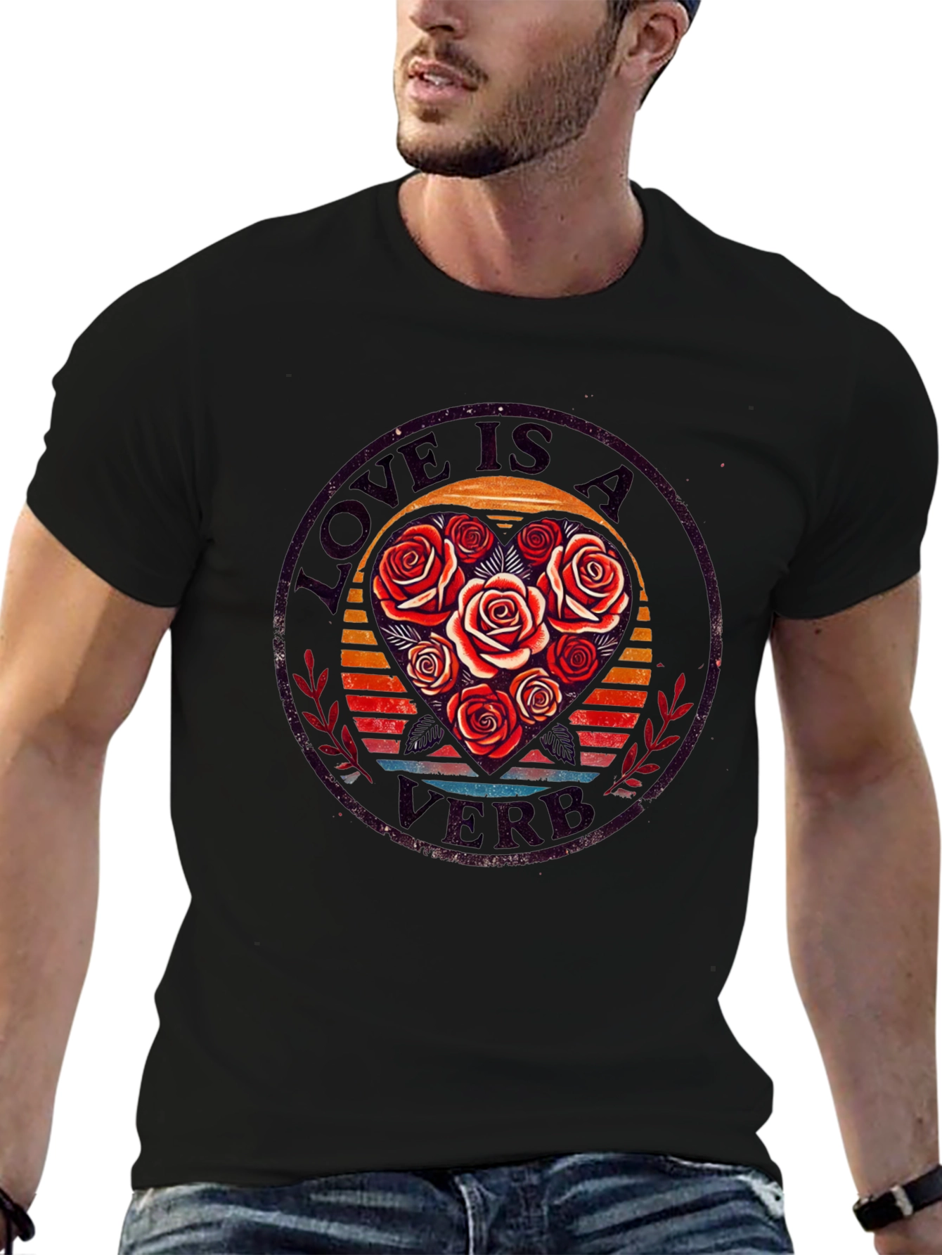 Camiseta Negra con Diseño de Rosas y Amor