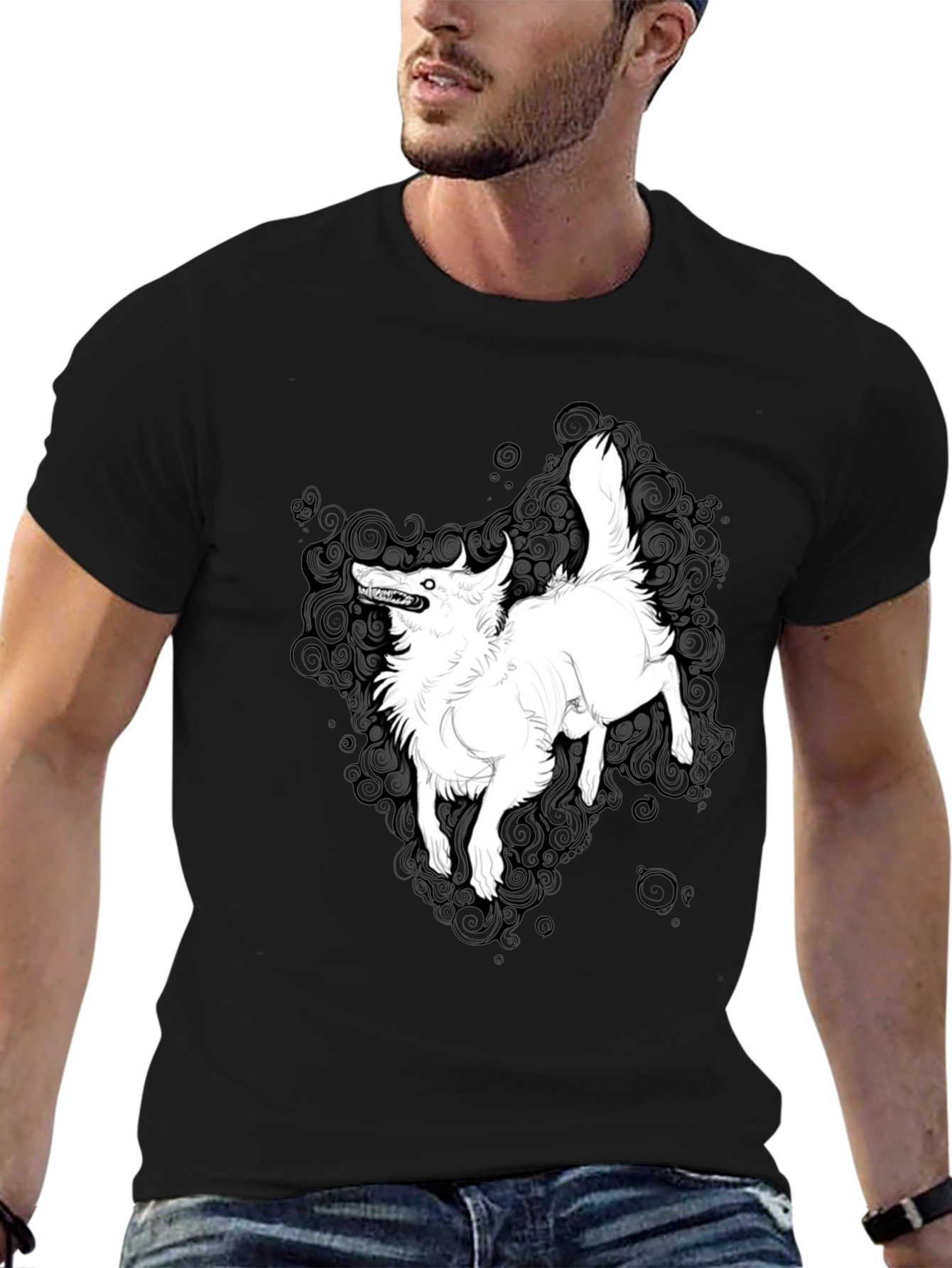 Black Graphic Tee - White Wolf Print