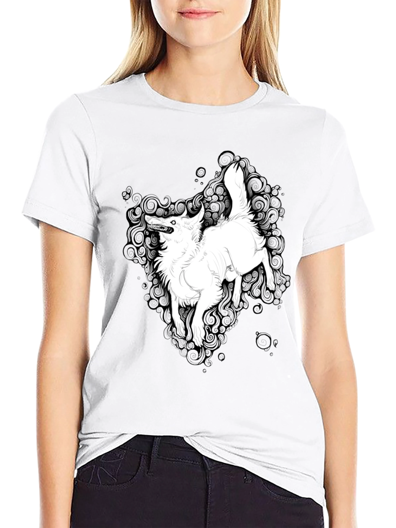 Black Graphic Tee - White Wolf Print