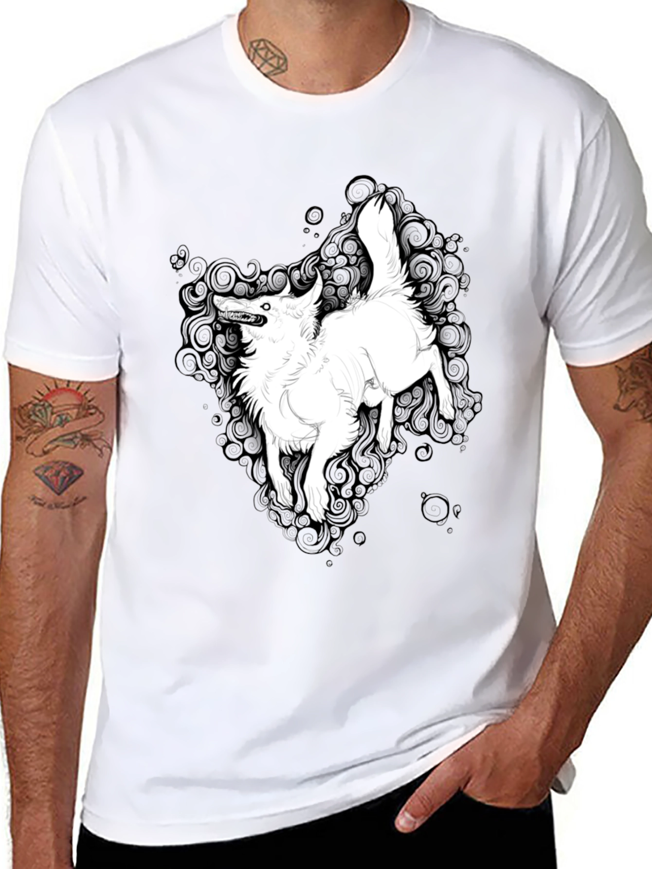 Black Graphic Tee - White Wolf Print