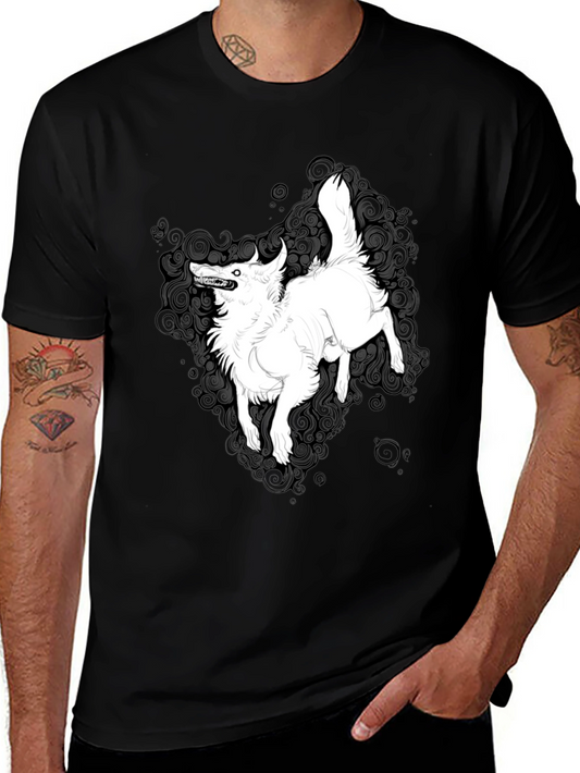 Black Graphic Tee - White Wolf Print