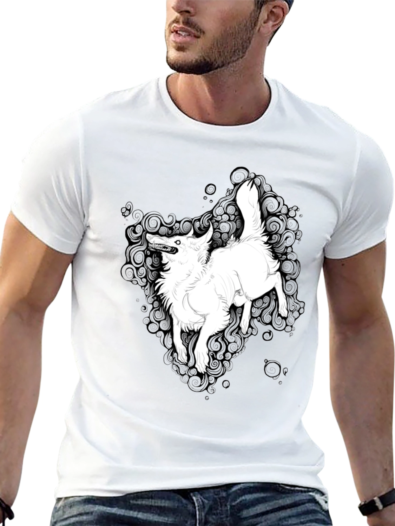 Black Graphic Tee - White Wolf Print