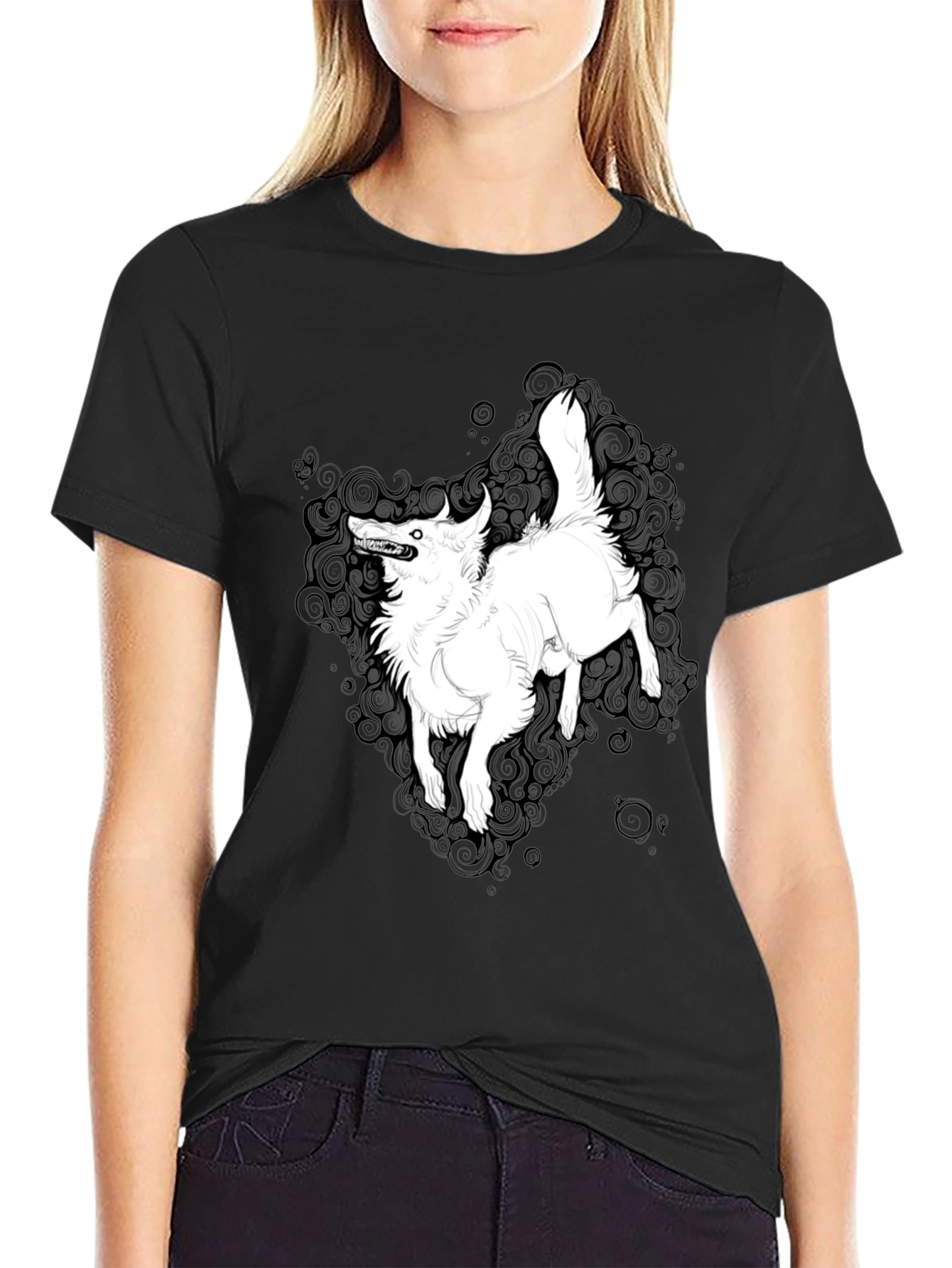 Black Graphic Tee - White Wolf Print