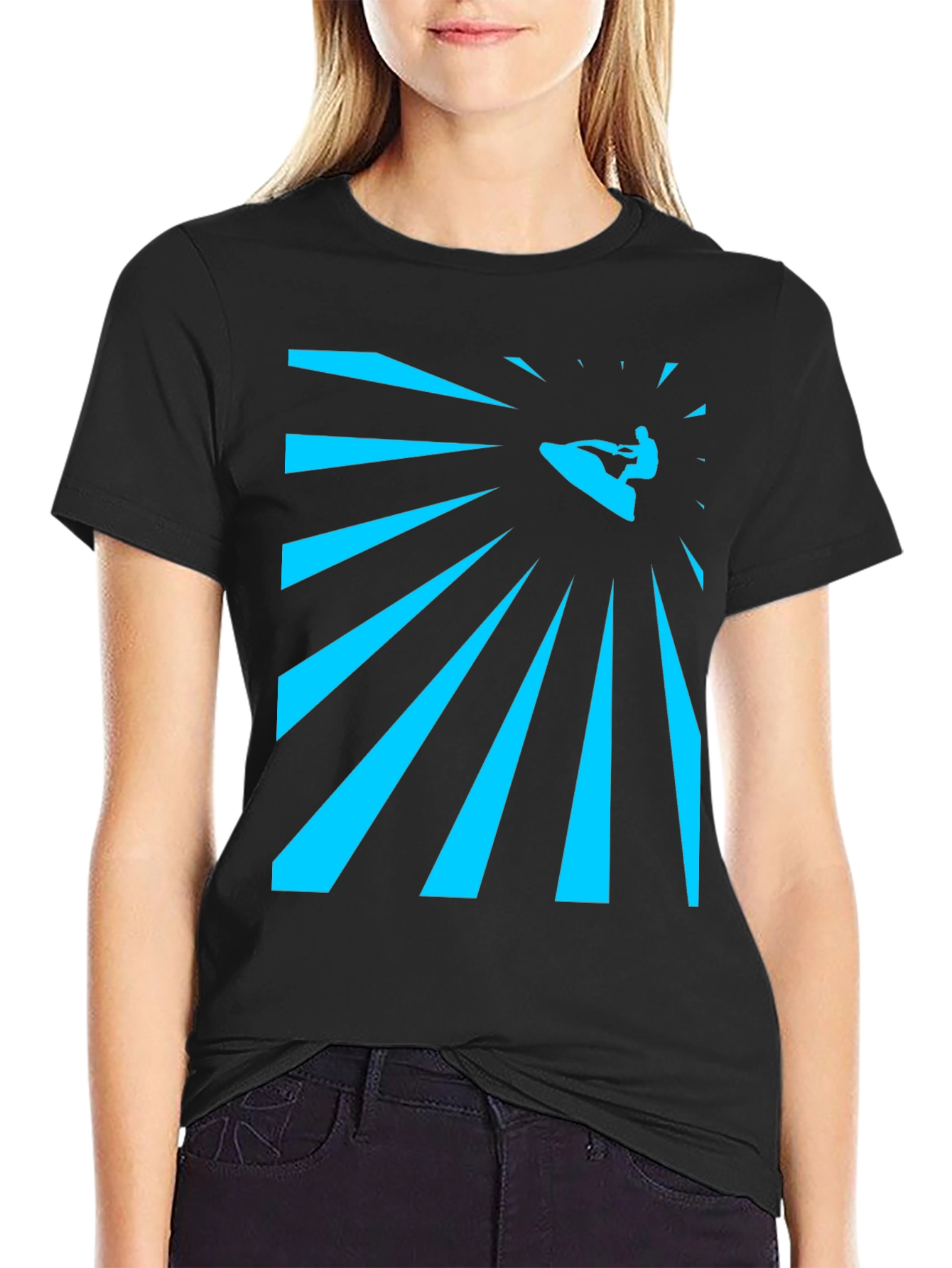 Camiseta Negra Estampada Surfista Rayos Azules