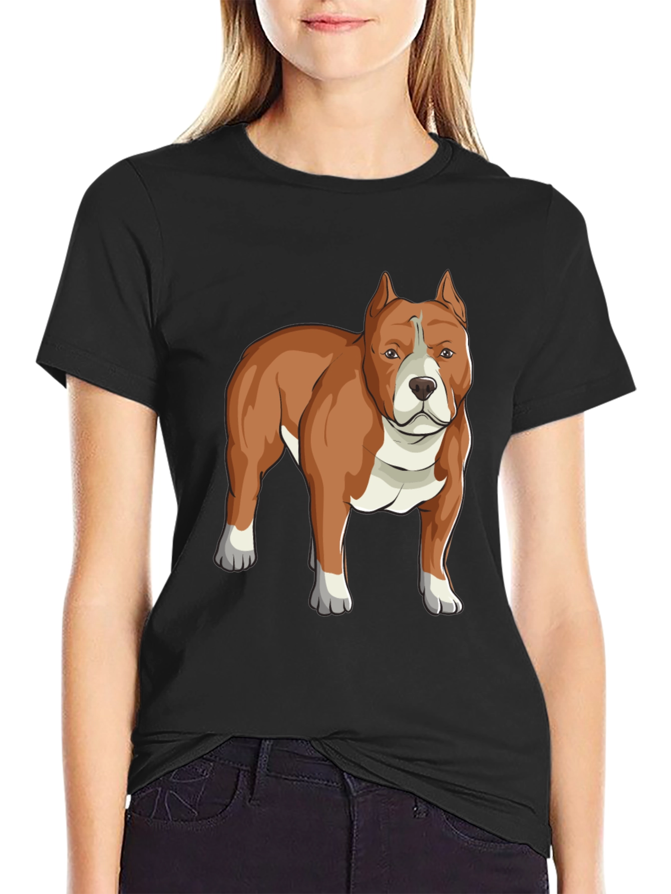 Camiseta Negra con Diseño de Perro Pitbull Marrón