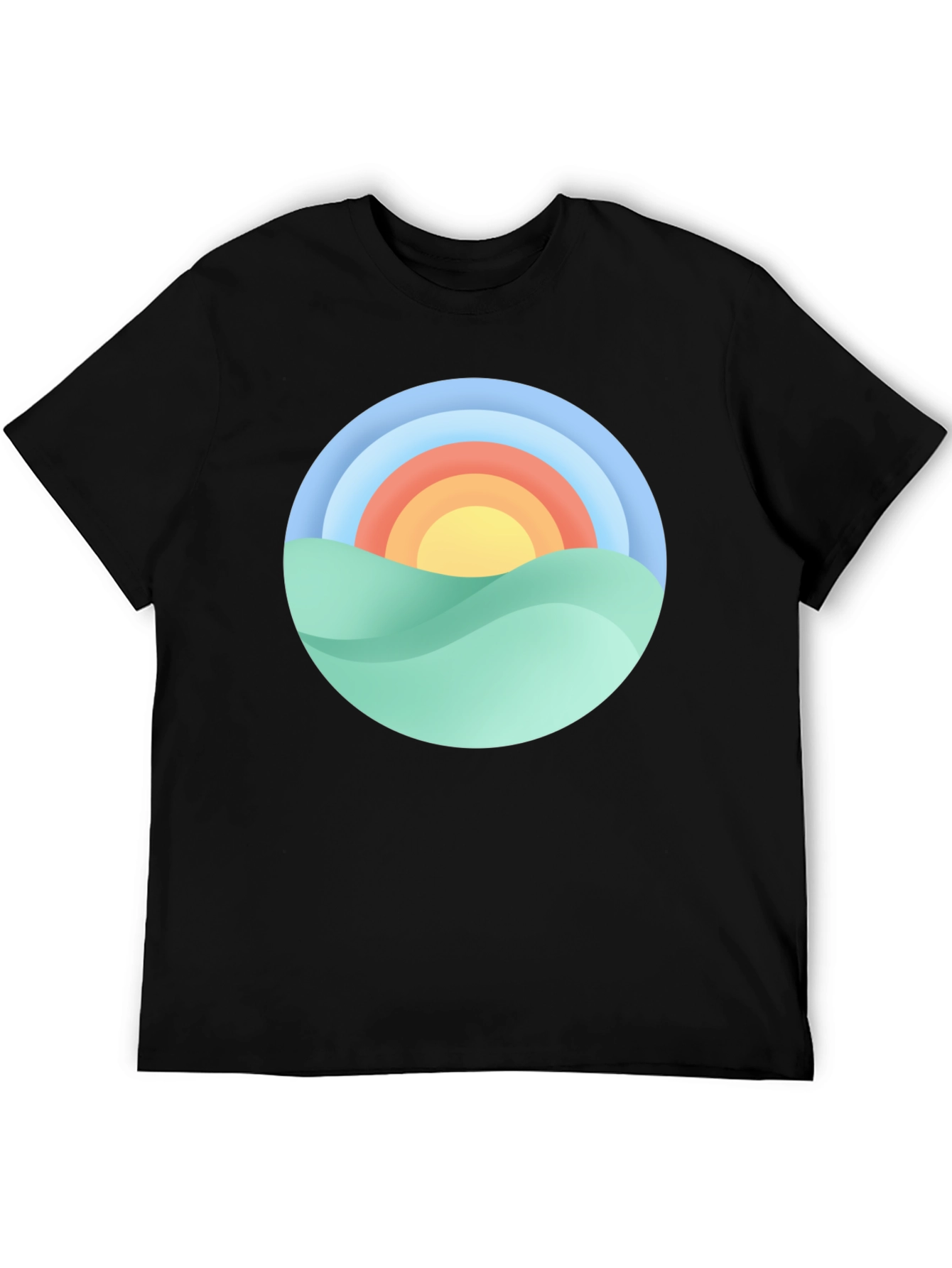 Camiseta Negra con Diseño Circular de Paisaje Soleado
