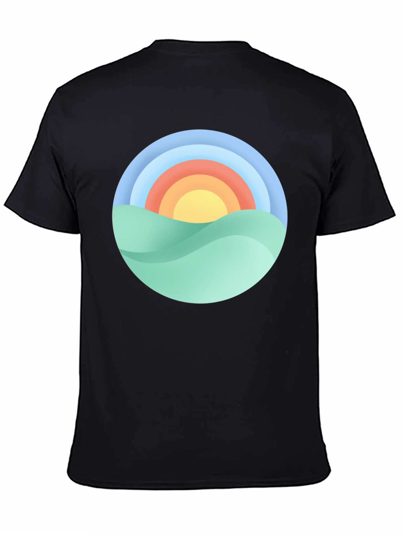 Camiseta Negra con Diseño Circular de Paisaje Soleado