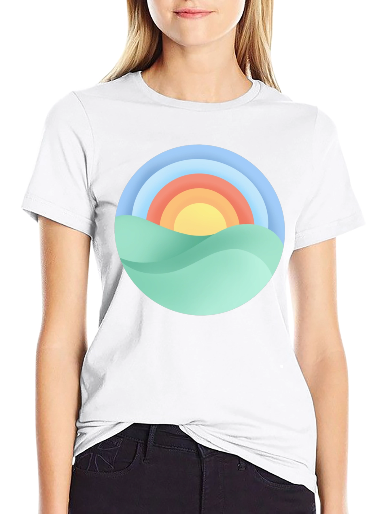 Camiseta Negra con Diseño Circular de Paisaje Soleado