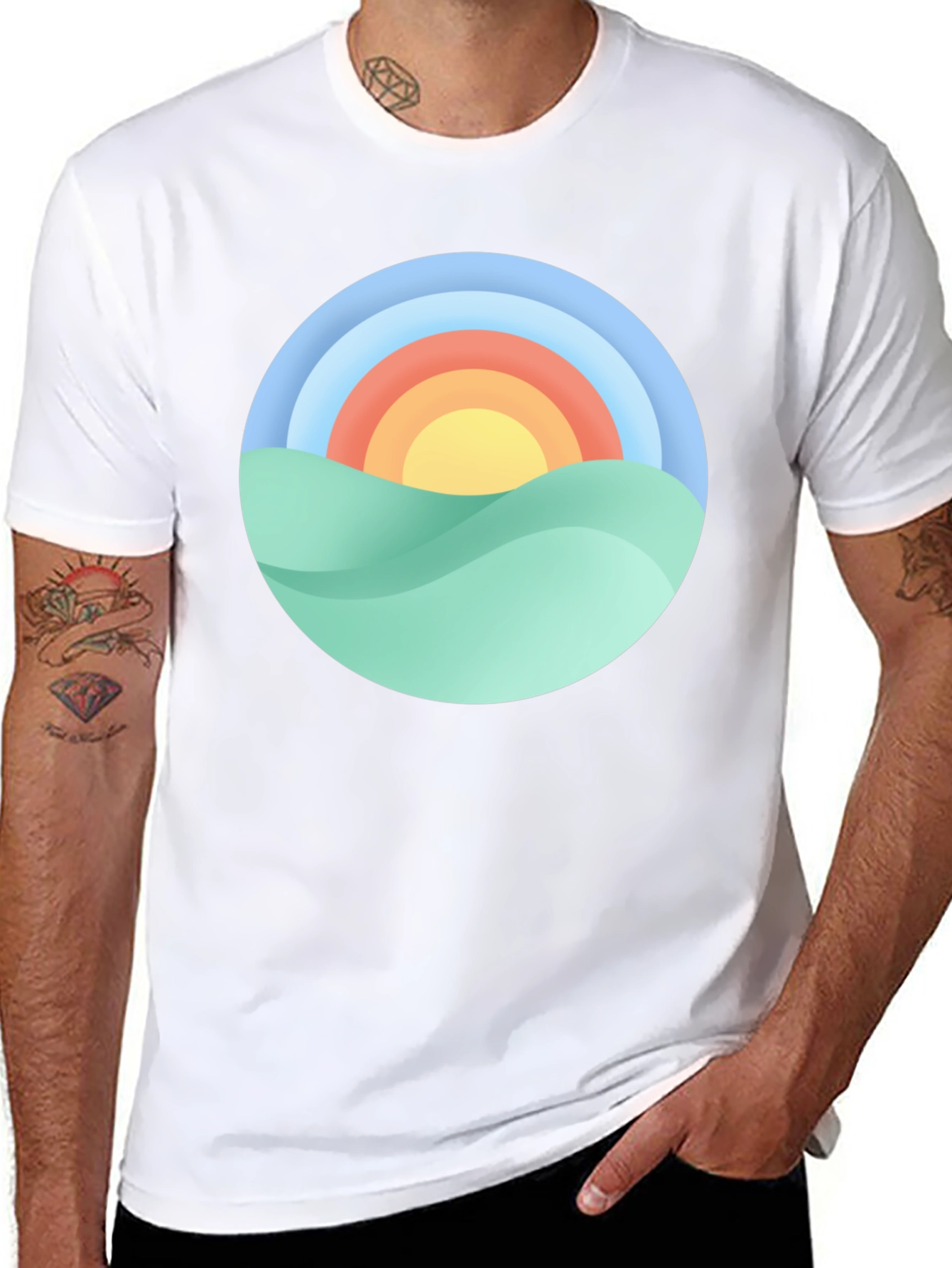 Camiseta Negra con Diseño Circular de Paisaje Soleado