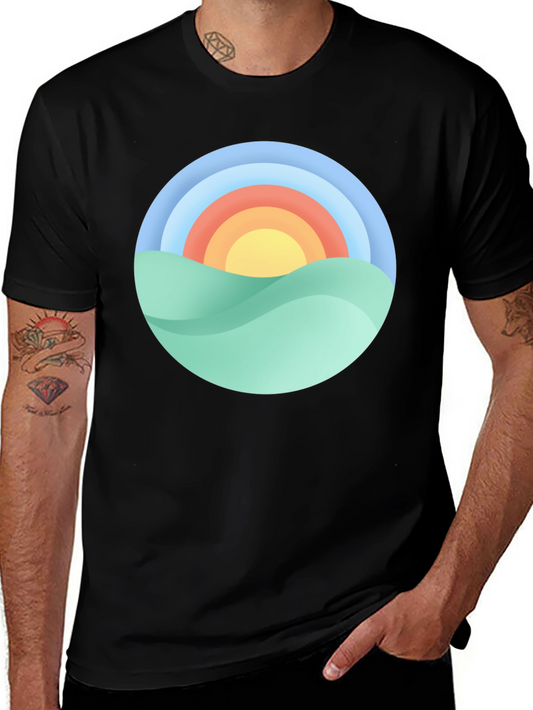 Camiseta Negra con Diseño Circular de Paisaje Soleado