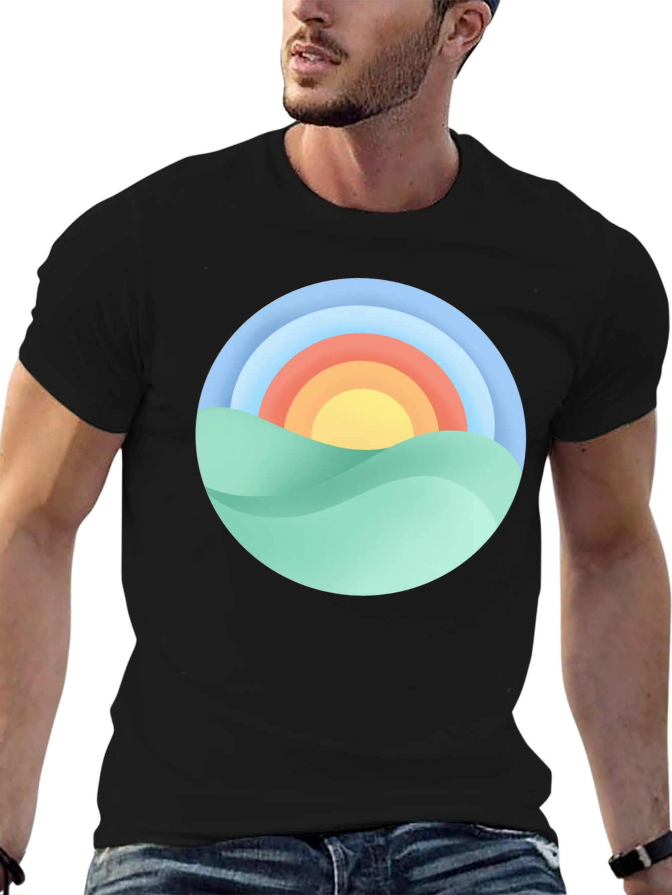Camiseta Negra con Diseño Circular de Paisaje Soleado