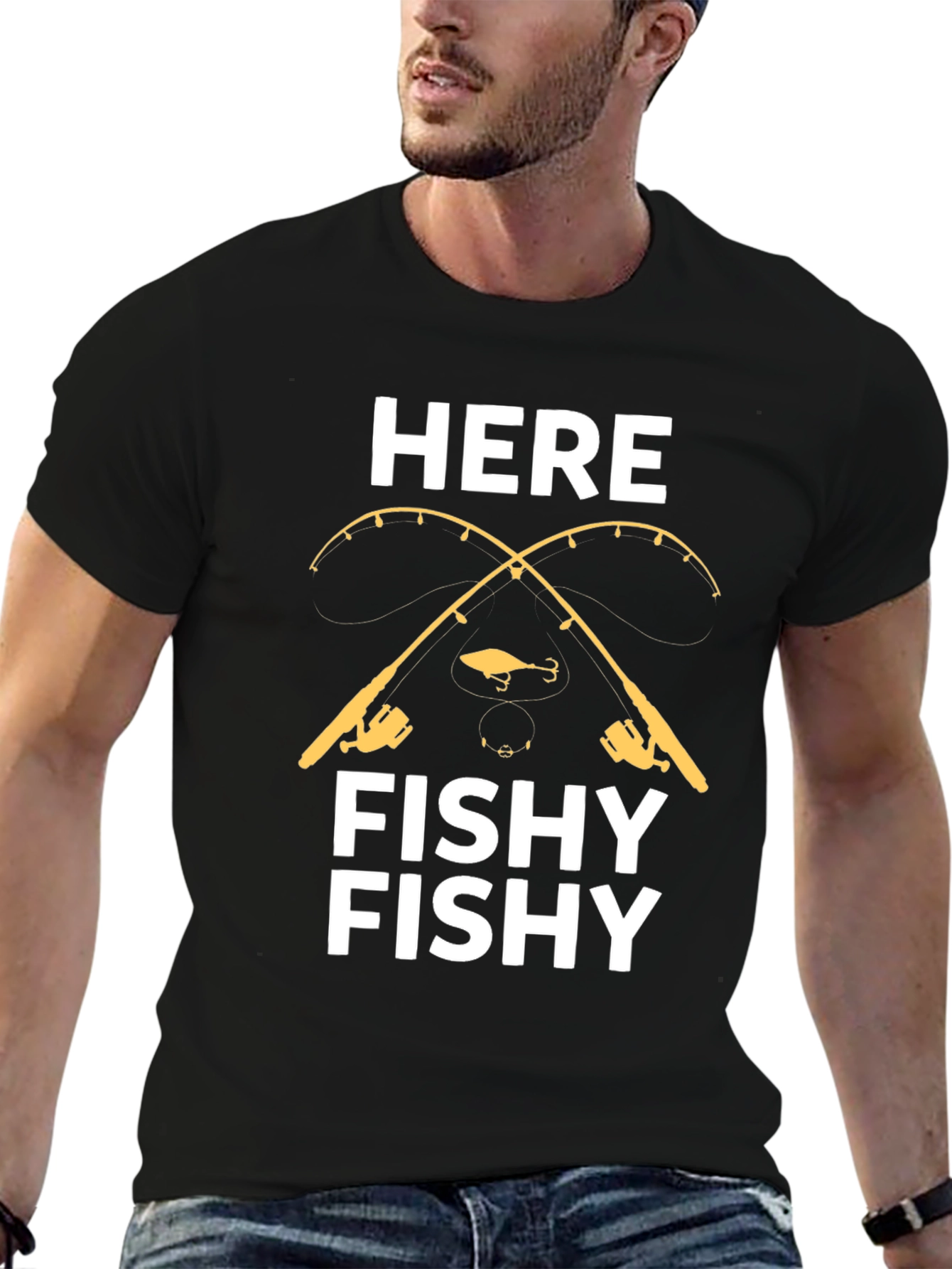 Camiseta Negra con Diseño de Pesca Here Fishy Fishy