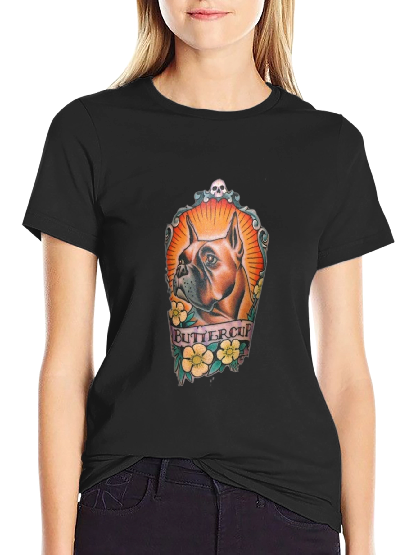 Camiseta Negra Estampada con Diseño de Bulldog Buttercup