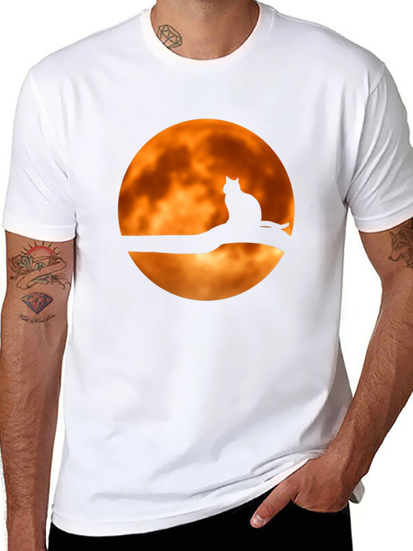 Camiseta Negra Gato Luna Naranja