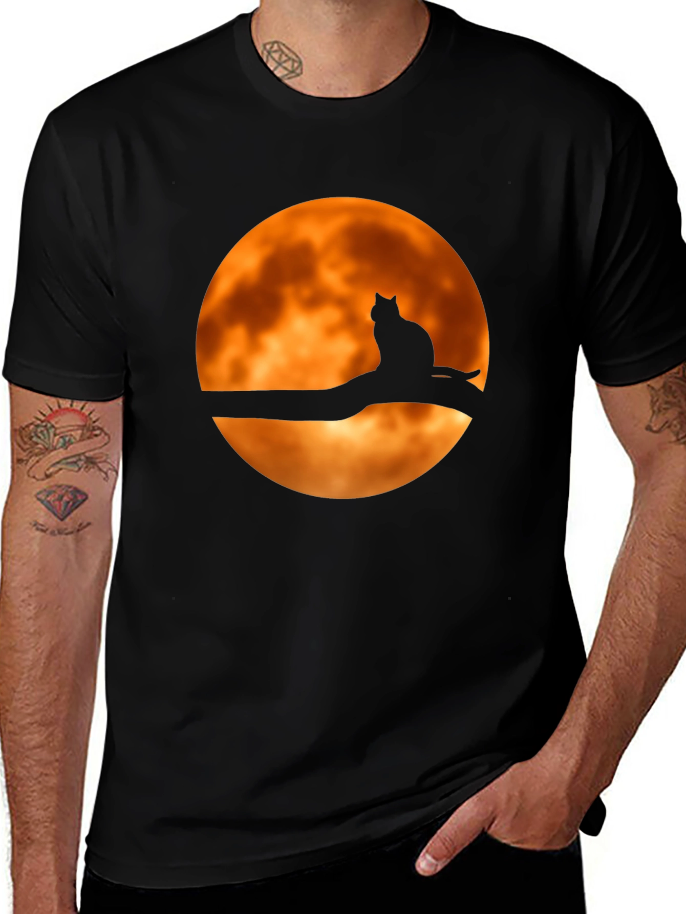 Camiseta Negra Gato Luna Naranja