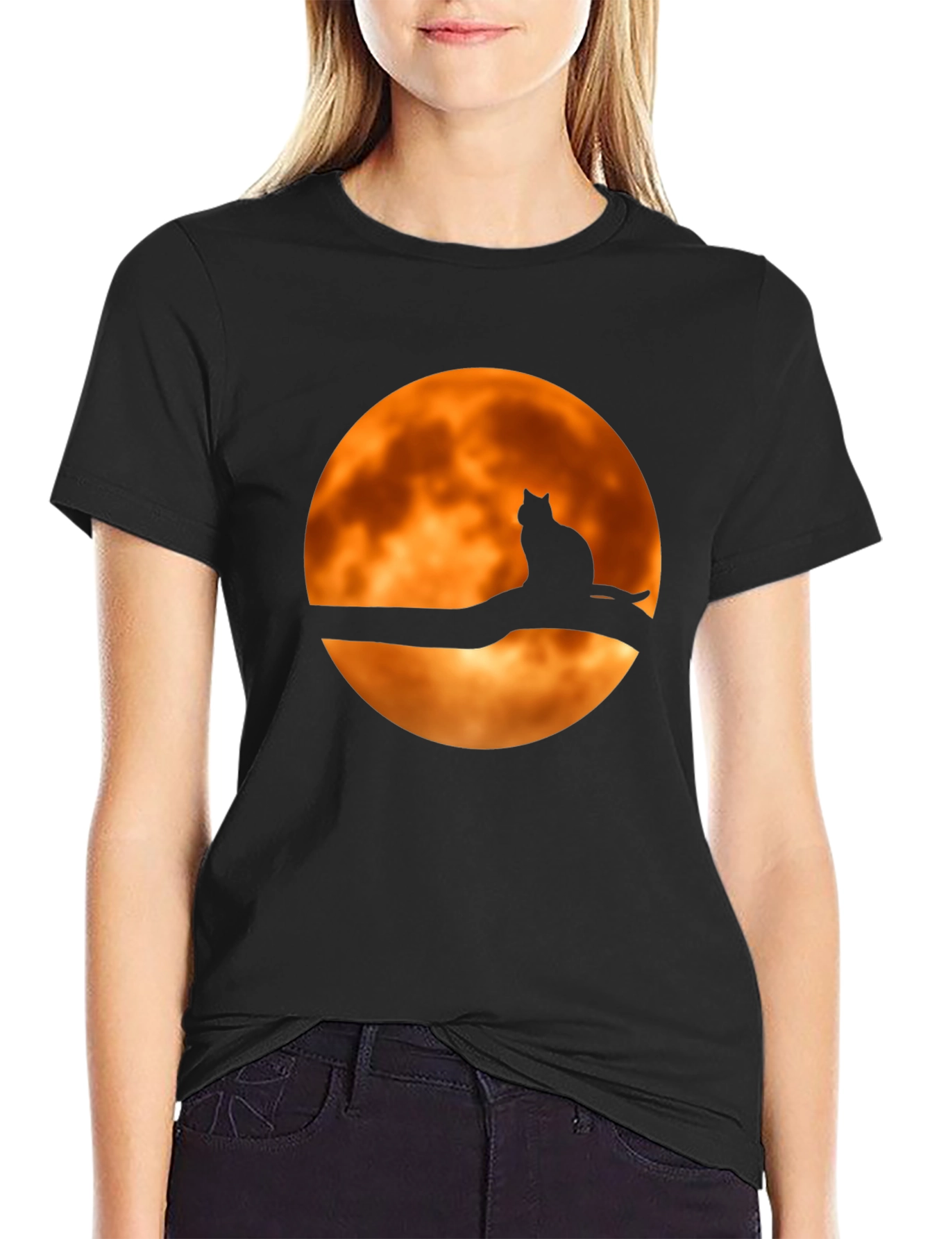 Camiseta Negra Gato Luna Naranja