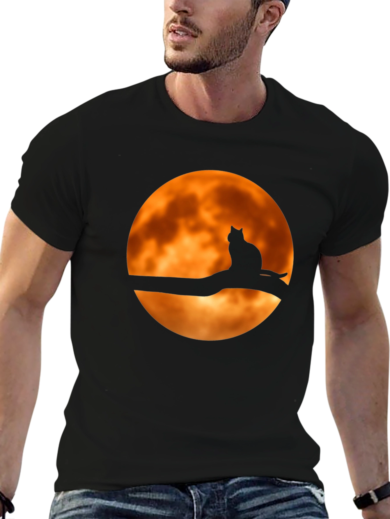 Camiseta Negra Gato Luna Naranja