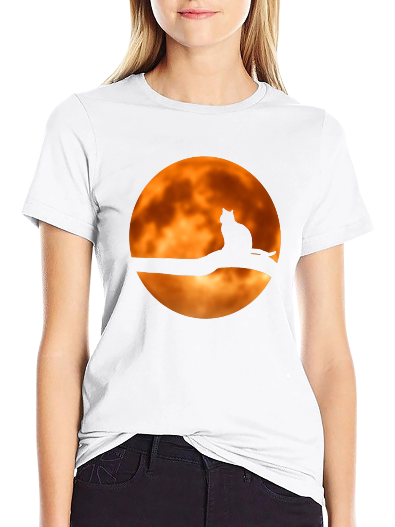 Camiseta Negra Gato Luna Naranja