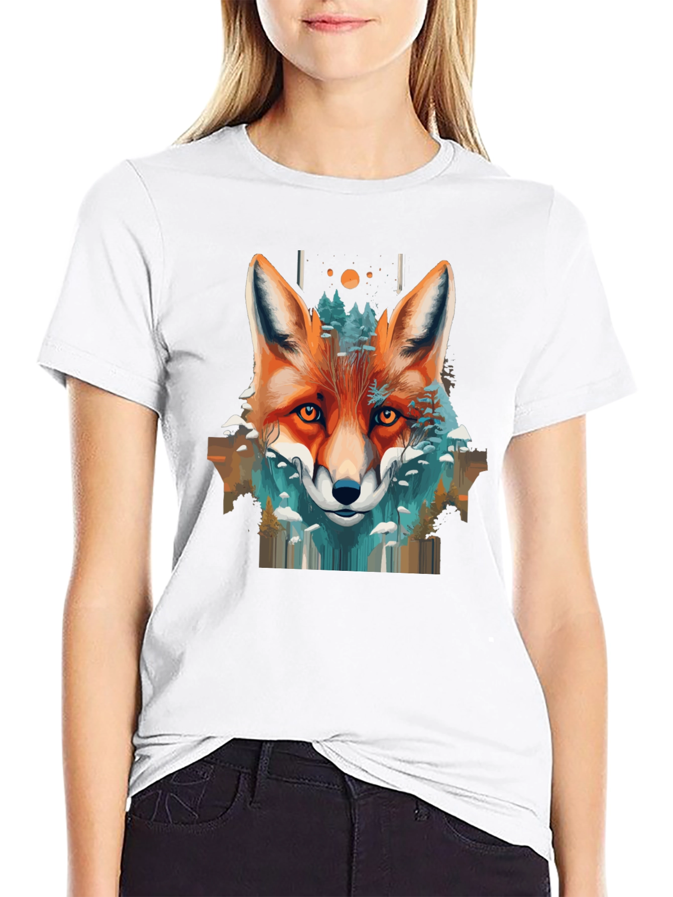 Camiseta Negra con Diseño de Zorro y Naturaleza