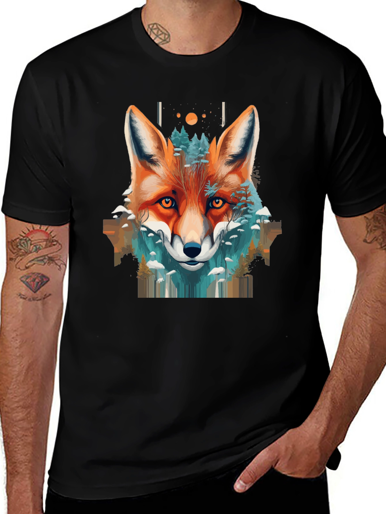 Camiseta Negra con Diseño de Zorro y Naturaleza