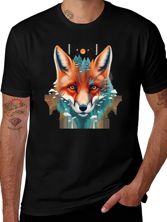 Camiseta Negra con Diseño de Zorro y Naturaleza